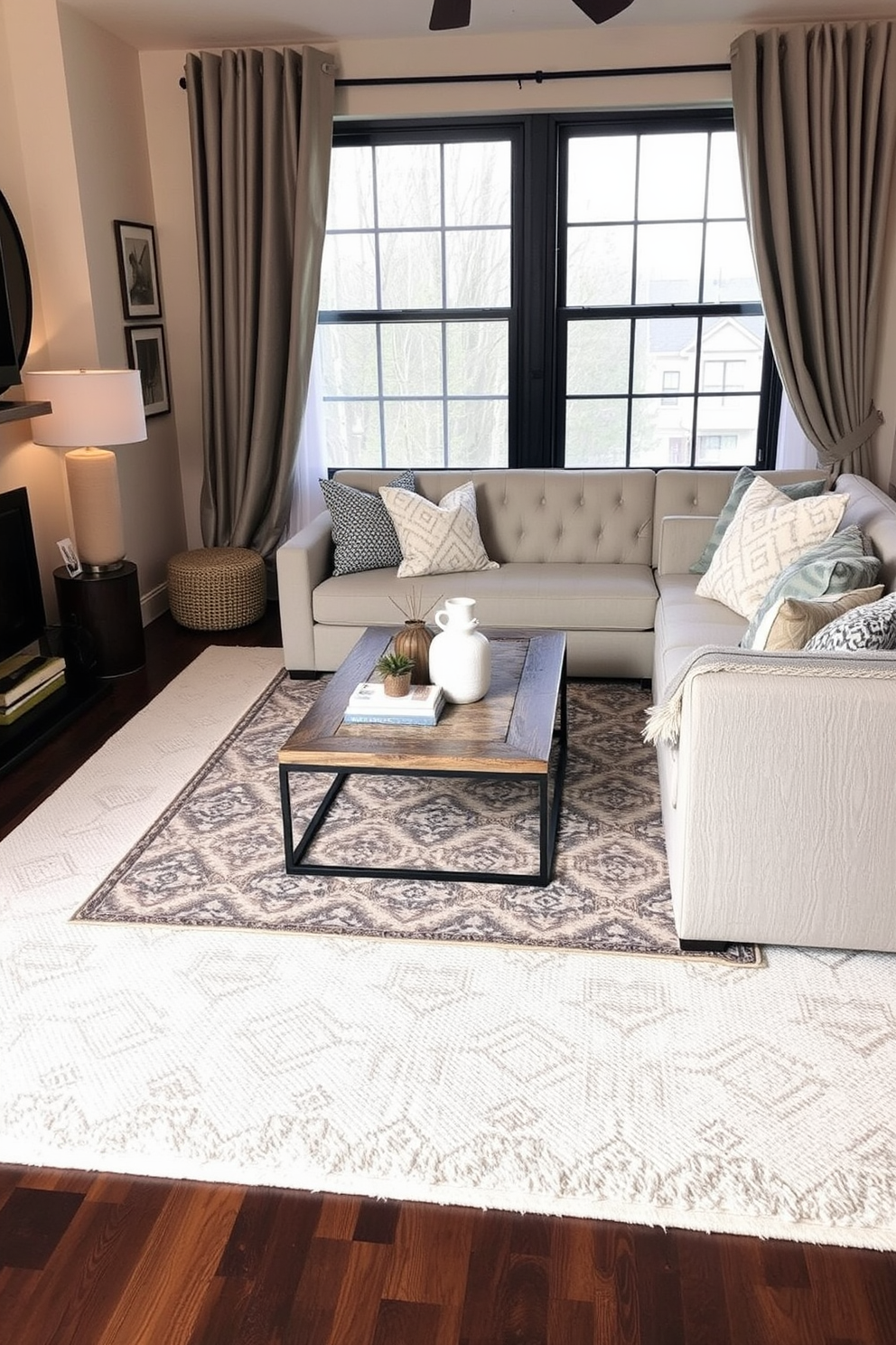 A cozy winter apartment setting featuring layered rugs that create a warm and inviting atmosphere. The base rug is a large, soft neutral tone, topped with a smaller, patterned rug that adds texture and visual interest.