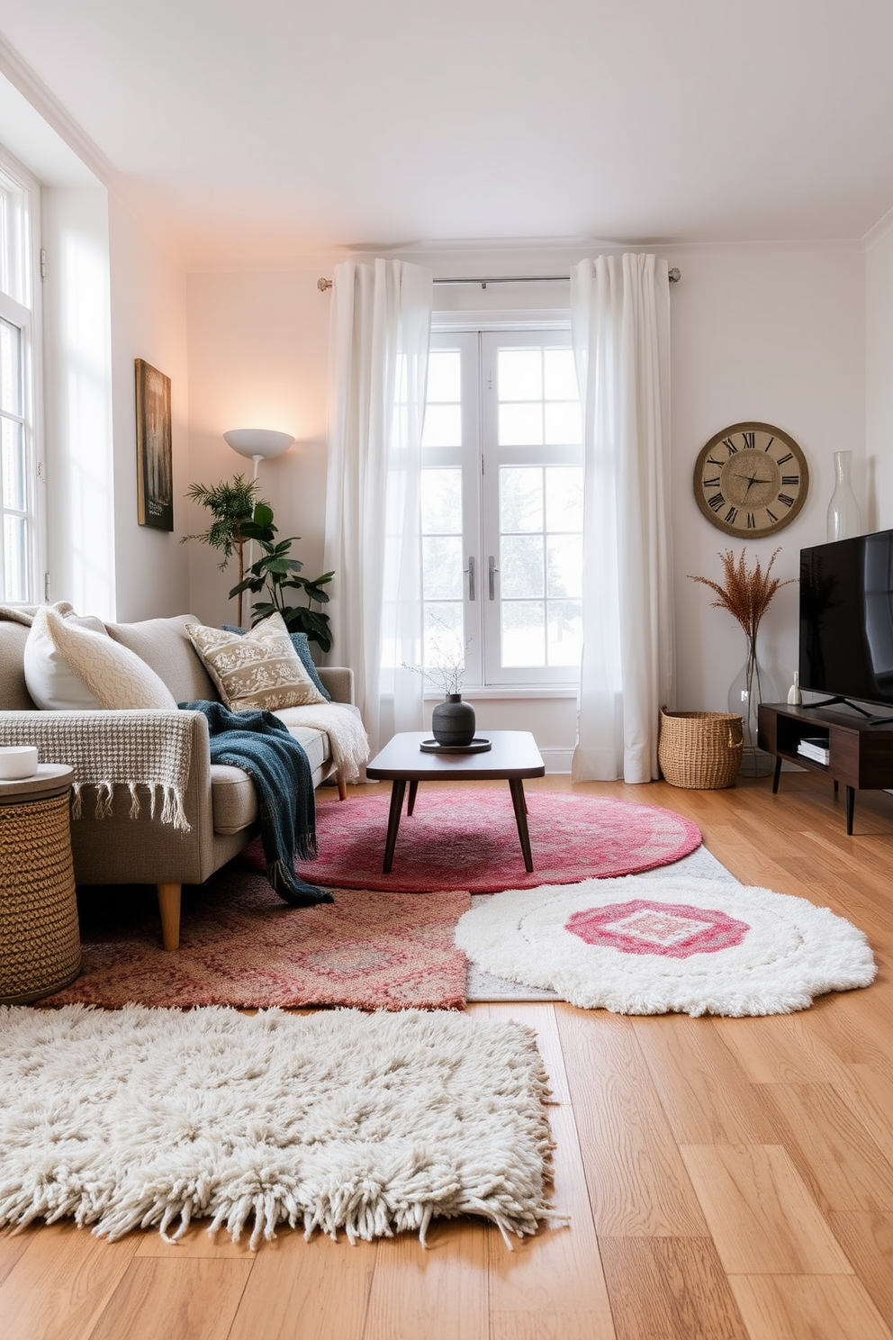 A cozy winter apartment setting featuring soft area rugs that add warmth and comfort underfoot. The rugs are layered in various textures and colors, enhancing the inviting atmosphere of the space.