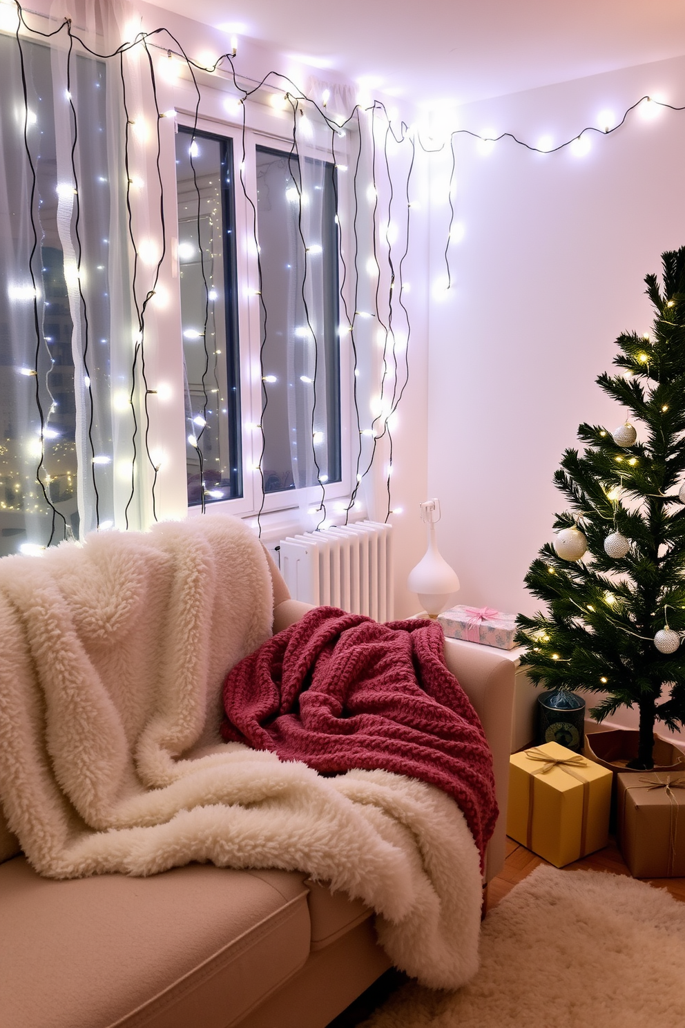 A cozy winter apartment setting adorned with fairy lights that create a magical glow throughout the space. Soft, fluffy throw blankets are draped over a plush sofa, while a small Christmas tree twinkles in the corner, surrounded by wrapped gifts.