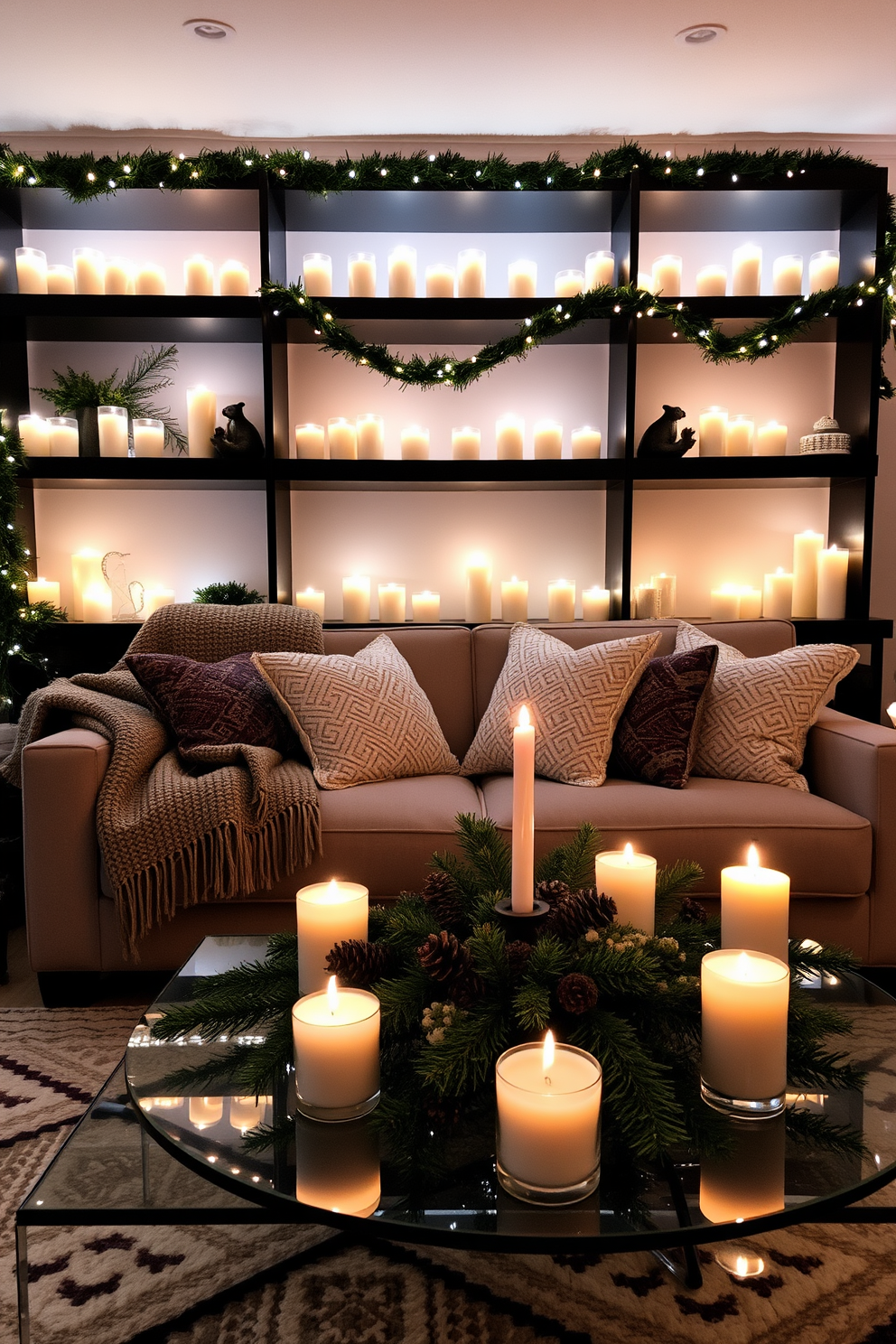 A cozy winter apartment setting adorned with an array of candles providing soft ambient lighting. The flickering flames create a warm glow that enhances the inviting atmosphere of the space. Plush blankets and textured pillows are layered on a stylish sofa, inviting relaxation and comfort. A beautifully decorated coffee table features a centerpiece of pinecones and seasonal greenery, complementing the overall winter theme.