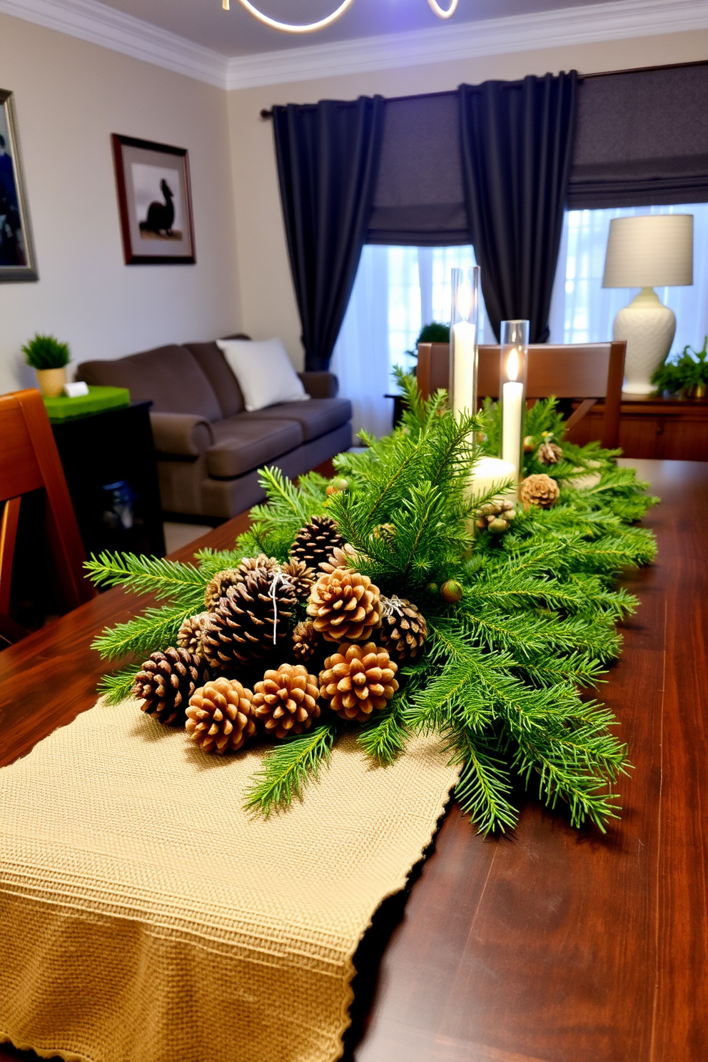 A cozy winter apartment setting featuring pinecones and greenery as centerpieces. The dining table is adorned with a rustic runner and a collection of pinecones surrounded by fresh evergreen branches.