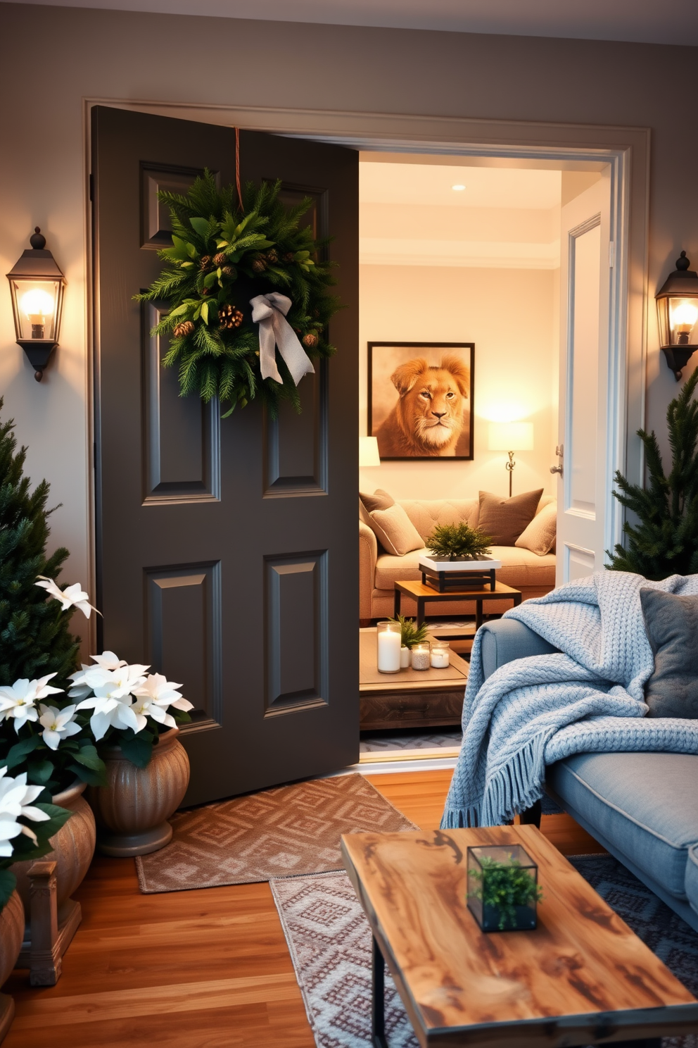 A charming winter apartment entrance featuring a front door adorned with a lush seasonal wreath made of evergreen branches and pinecones. Flanking the door are two cozy planters filled with white poinsettias, adding a touch of festive cheer to the space. Inside the apartment, a warm and inviting living room showcases a plush sofa draped with a soft knitted throw in cool tones. A rustic coffee table is topped with a collection of candles and a small evergreen arrangement, creating a cozy atmosphere perfect for winter gatherings.