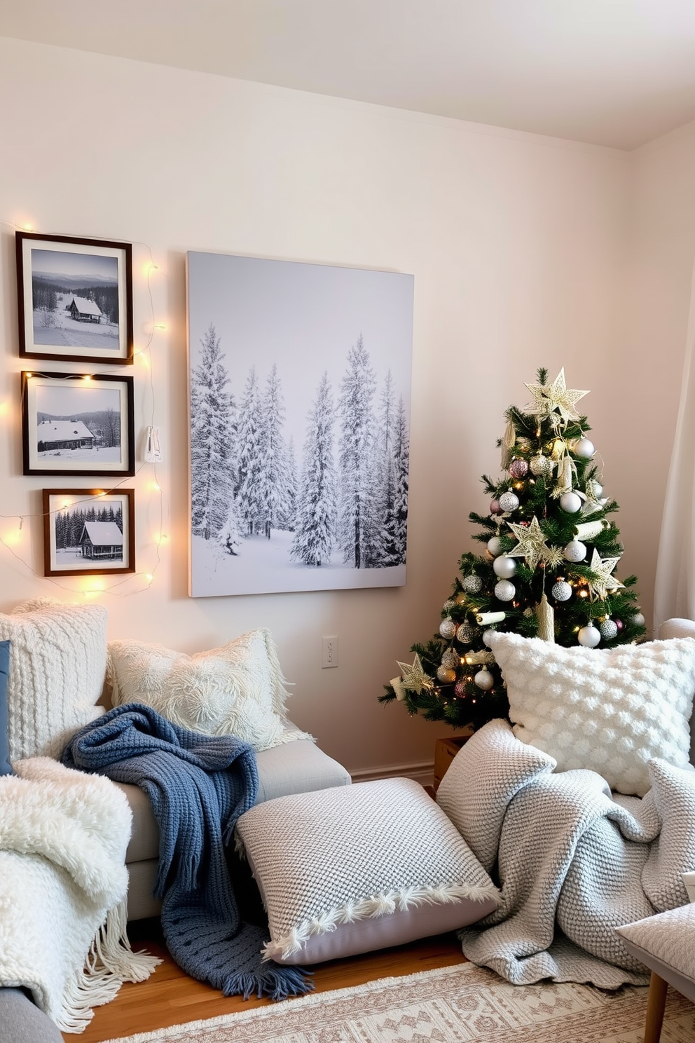 A cozy winter-themed wall art display featuring a large canvas print of a snow-covered forest scene. Surrounding the canvas are smaller framed prints of winter landscapes and holiday motifs, creating a warm and inviting atmosphere. A stylish winter apartment decorated with soft, textured throws and cushions in shades of white and icy blue. The space is enhanced with twinkling fairy lights and a beautifully adorned Christmas tree in the corner, bringing a festive charm to the room.