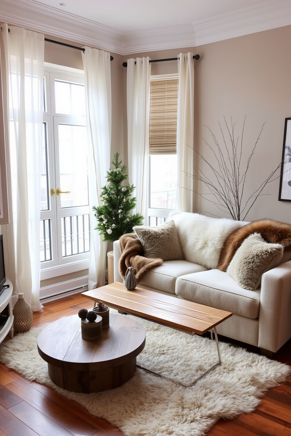 A cozy winter apartment setting featuring furniture with faux fur accents. The living room includes a plush sofa adorned with a faux fur throw and matching cushions, creating a warm and inviting atmosphere. In the corner, a stylish faux fur ottoman complements a sleek coffee table made of reclaimed wood. Soft white curtains frame the windows, allowing natural light to illuminate the space while enhancing the seasonal decor.