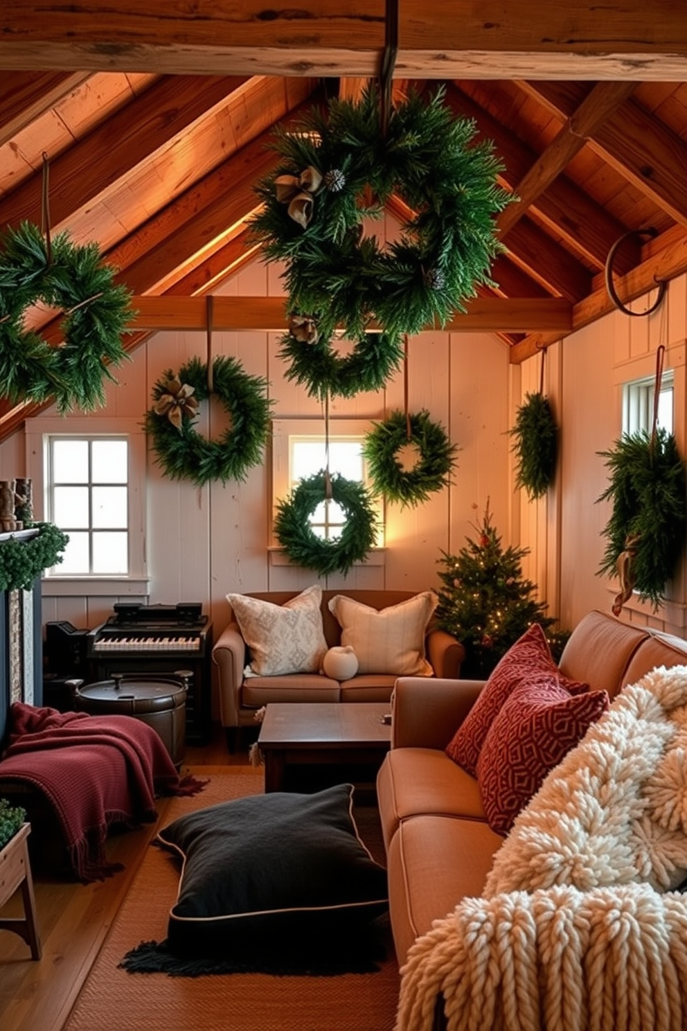 A cozy winter attic decorated with wreaths made of evergreen branches. The space features soft, ambient lighting that highlights the natural textures of the wood beams and rustic furniture. Evergreen wreaths hang from the walls and windows, adding a touch of holiday spirit. Plush throw blankets and pillows in warm tones create an inviting atmosphere perfect for relaxation.