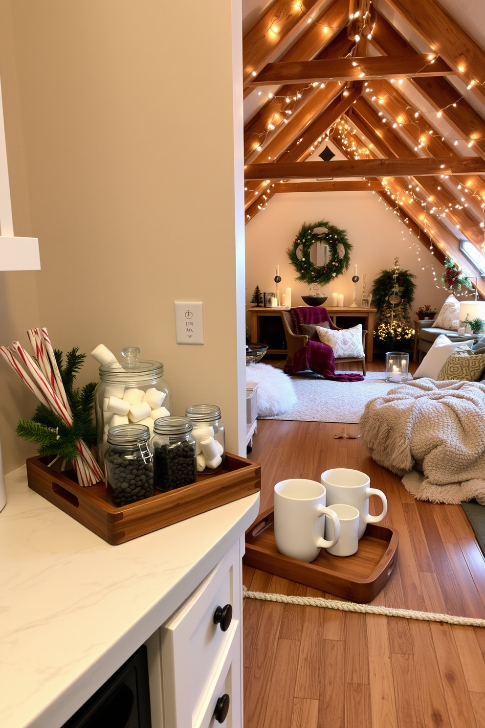 A cozy hot cocoa station is set up in a corner of the kitchen. There are beautifully arranged mugs on a wooden tray alongside jars of marshmallows, chocolate chips, and peppermint sticks. The winter attic is decorated with soft fairy lights draped across the beams. A warm, inviting seating area features plush blankets and seasonal decor, creating a perfect retreat for cold days.