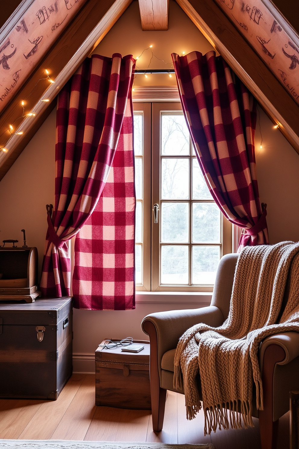 Flannel curtains in a rich burgundy hue gracefully frame the window, providing both insulation and a touch of warmth to the cozy winter attic. The soft texture of the fabric enhances the rustic charm of the space, creating a perfect blend of comfort and style. The attic is adorned with vintage wooden furniture, including a weathered trunk and a plush armchair draped with a knitted throw. Twinkling fairy lights are strung along the exposed beams, casting a soft glow that invites relaxation and enjoyment during the chilly winter months.