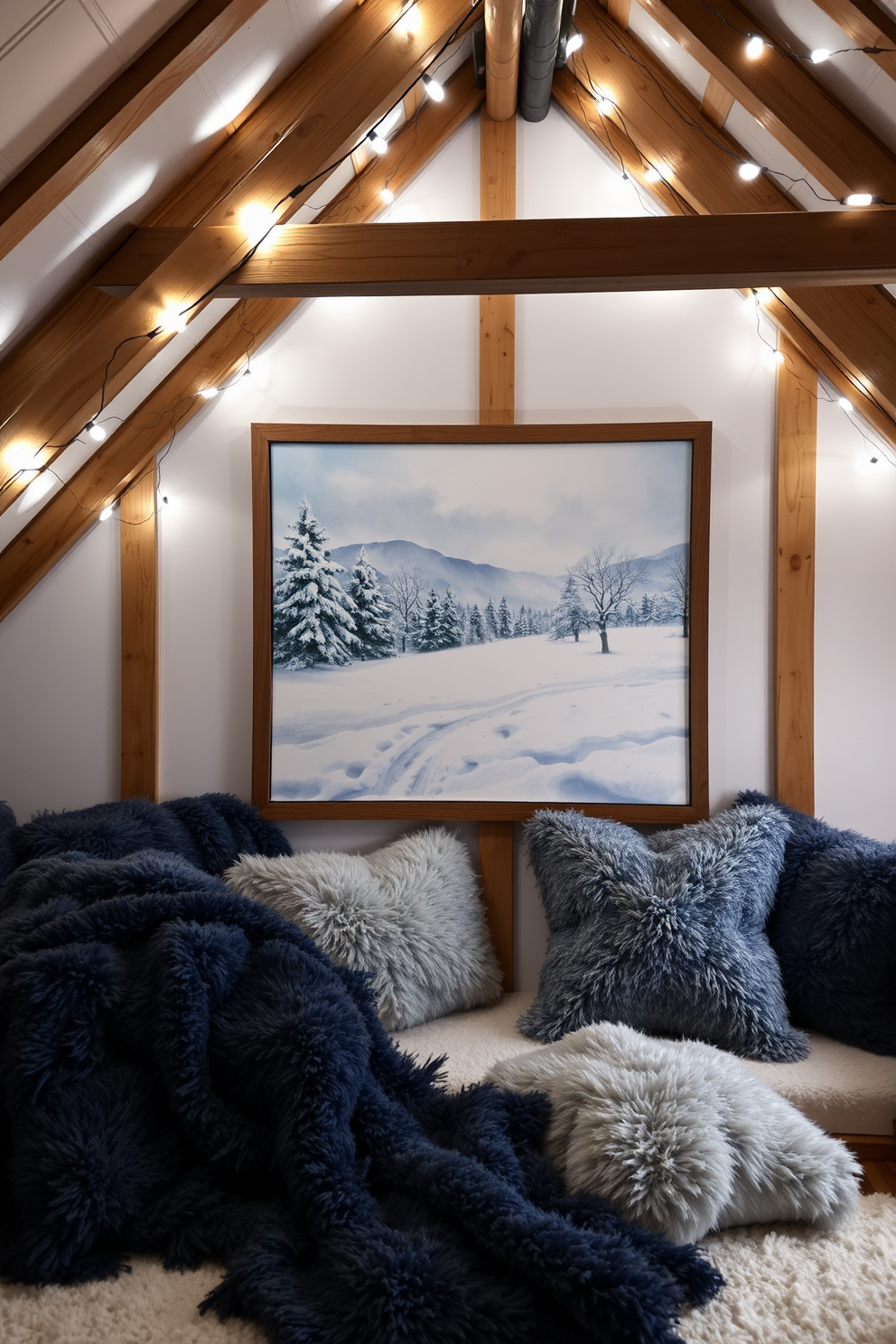 A cozy winter-themed artwork display featuring a large canvas painting of a snow-covered landscape. The artwork is framed in rustic wood and complemented by soft white lighting to enhance the winter ambiance. For winter attic decorating ideas, imagine a warm and inviting attic space adorned with plush blankets and pillows in shades of deep blue and silver. String lights twinkle across the beams, creating a magical atmosphere perfect for cozy gatherings.