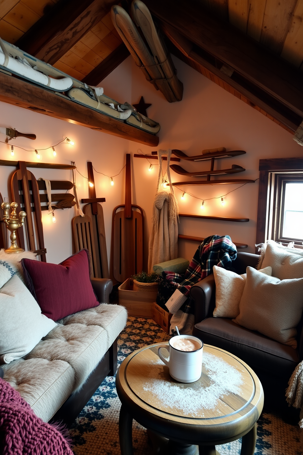 A cozy winter attic space featuring vintage sleds as wall decor. The sleds are arranged artfully on the walls, complemented by soft, warm lighting and rustic wooden beams. The room is adorned with plush seating and layered textiles to create a welcoming atmosphere. A small wooden table holds a steaming mug of cocoa, inviting relaxation and comfort in this charming winter retreat.