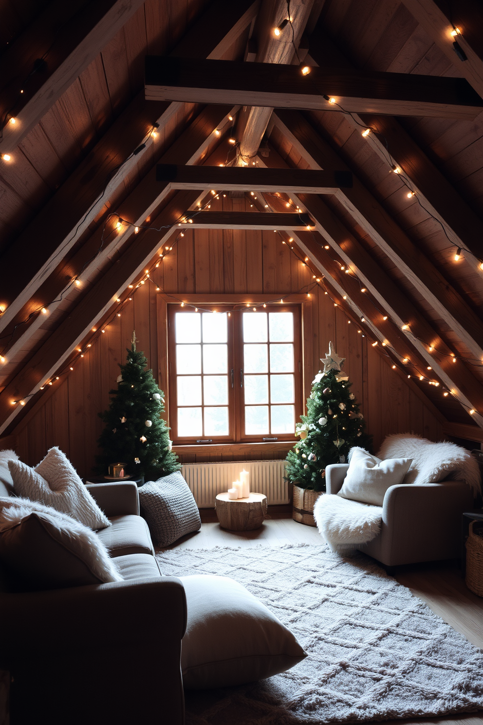 A cozy winter attic space adorned with soft white fairy lights draped around the windows creating a warm and inviting atmosphere. The rustic wooden beams are complemented by plush seating and a layered area rug, enhancing the charm of the room.