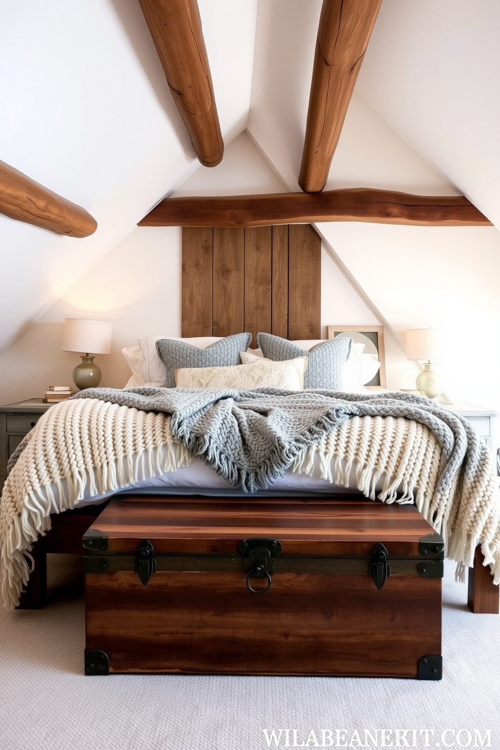 A cozy winter attic bedroom featuring a large bed adorned with soft knitted throws in shades of cream and gray. The sloped ceiling is decorated with rustic wooden beams, and a vintage trunk at the foot of the bed adds charm and storage.