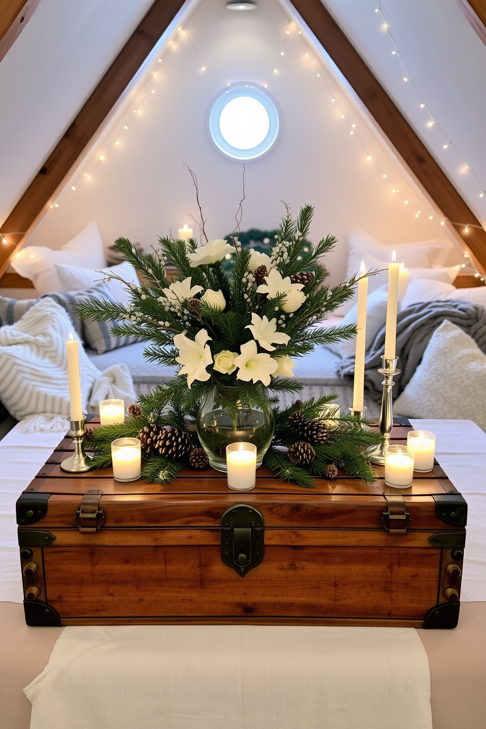 A winter-themed table centerpiece featuring a rustic wooden table adorned with a white tablecloth. The centerpiece includes a large glass vase filled with evergreen branches, pinecones, and white flowers, surrounded by glowing candles in varying heights. Cozy winter attic decorating ideas that create a warm retreat. The space is filled with plush blankets, soft pillows, and twinkling fairy lights, complemented by a vintage trunk serving as a coffee table in the center.