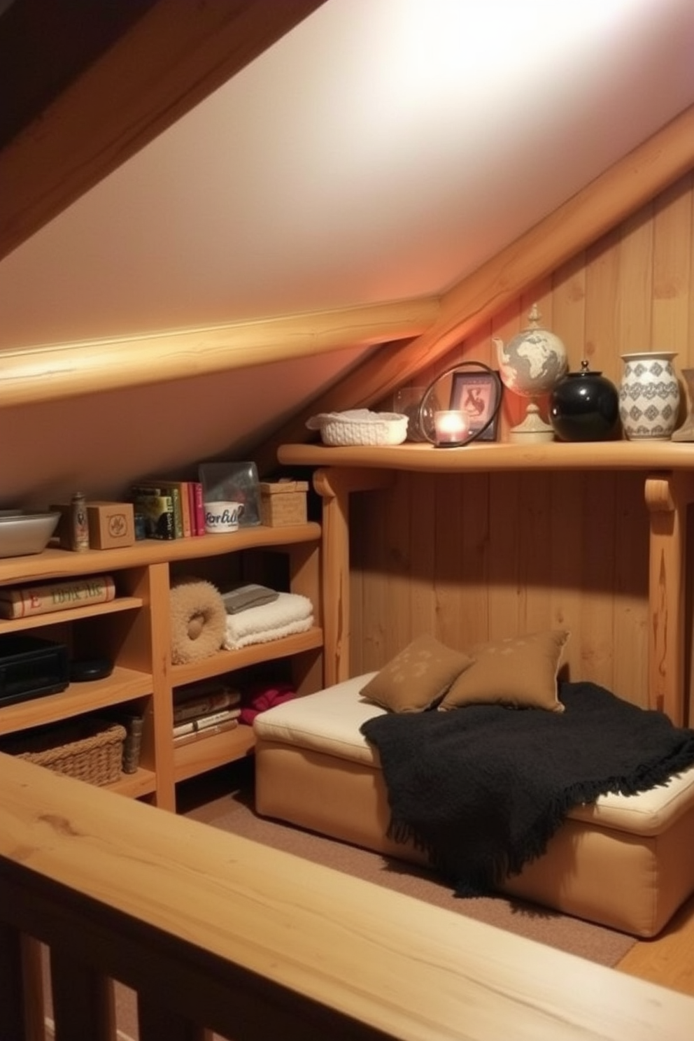 A cozy winter attic space features natural wood shelves that showcase an array of decorative items and cozy blankets. Soft, warm lighting illuminates the area, creating an inviting atmosphere perfect for relaxation.