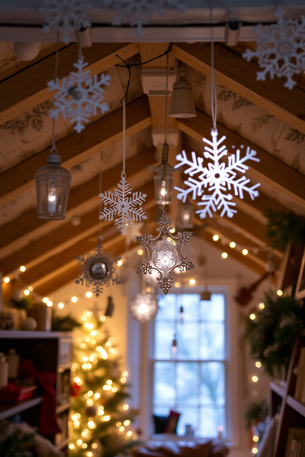 A cozy winter attic filled with the charm of snowflake ornaments hanging gracefully from the ceiling. Soft white lights twinkle around the room, creating a warm and inviting atmosphere.