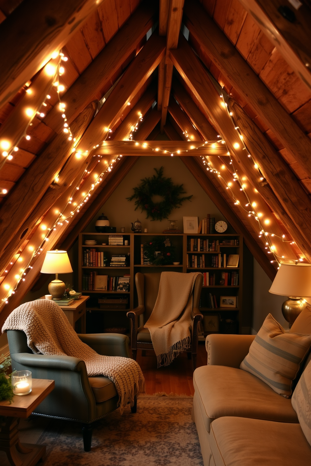 A cozy winter attic space adorned with warm lighting creates an inviting atmosphere. Soft fairy lights twinkle along the exposed beams, casting a gentle glow on the rustic wooden furniture. A plush seating area features a vintage armchair draped with a knitted blanket. The walls are lined with bookshelves filled with seasonal decor and winter-themed books, enhancing the charm of the attic retreat.