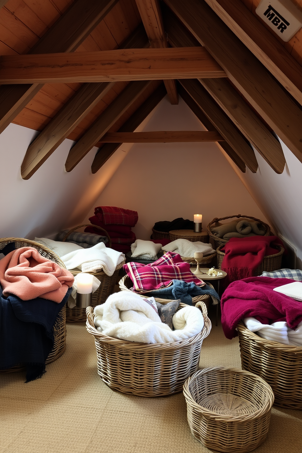 A cozy winter attic setting filled with baskets overflowing with warm blankets. The space features exposed wooden beams and soft, ambient lighting that creates a welcoming atmosphere.