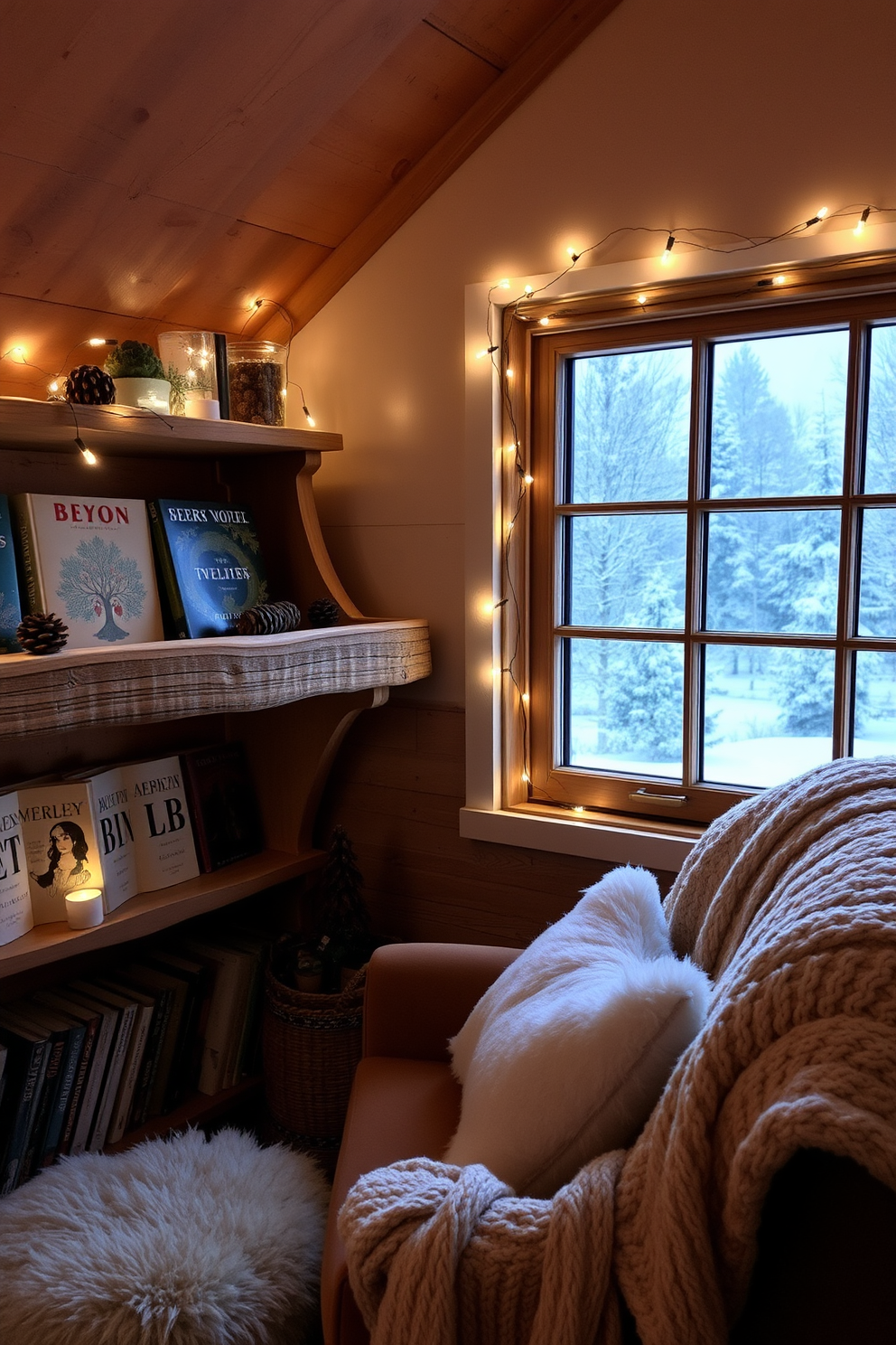 A cozy winter attic space filled with seasonal books displayed on rustic wooden shelves. The shelves are adorned with twinkling fairy lights and a few decorative pinecones, creating a warm and inviting atmosphere. Soft, plush seating is arranged near a window, offering a perfect reading nook with a view of the snowy landscape outside. A knitted throw blanket drapes over the arm of the chair, adding a touch of comfort to the serene winter decor.