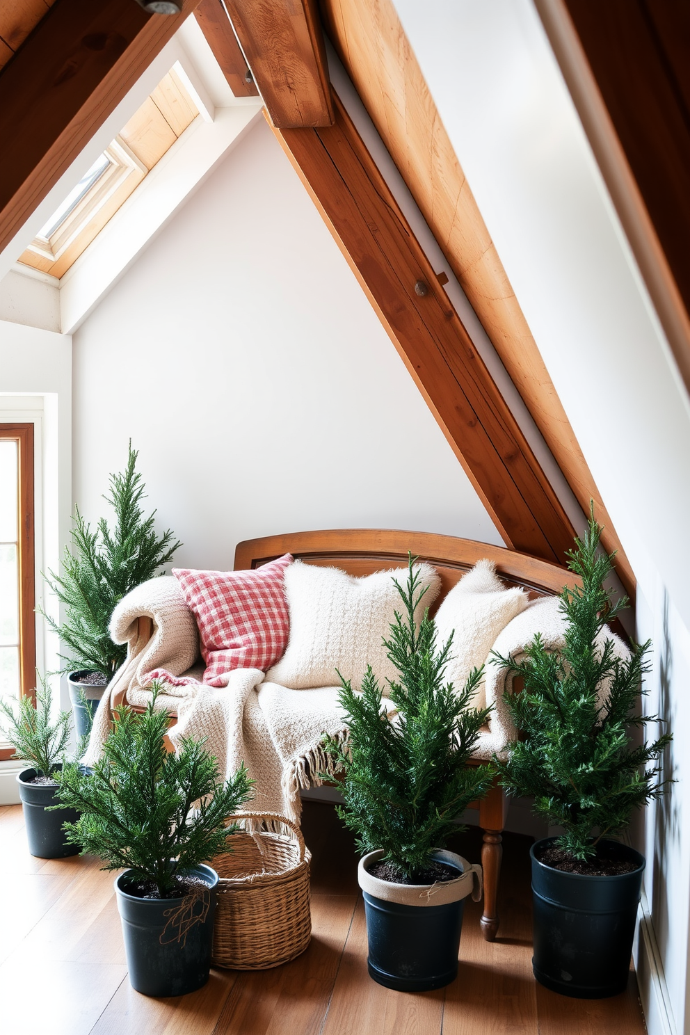 A cozy winter attic setting filled with natural light. Soft blankets and plush pillows are arranged on a vintage wooden bench, creating a warm reading nook. Potted evergreen plants are strategically placed around the space to enhance freshness. The walls are adorned with rustic wooden beams and soft white accents, giving the attic a charming, inviting atmosphere.