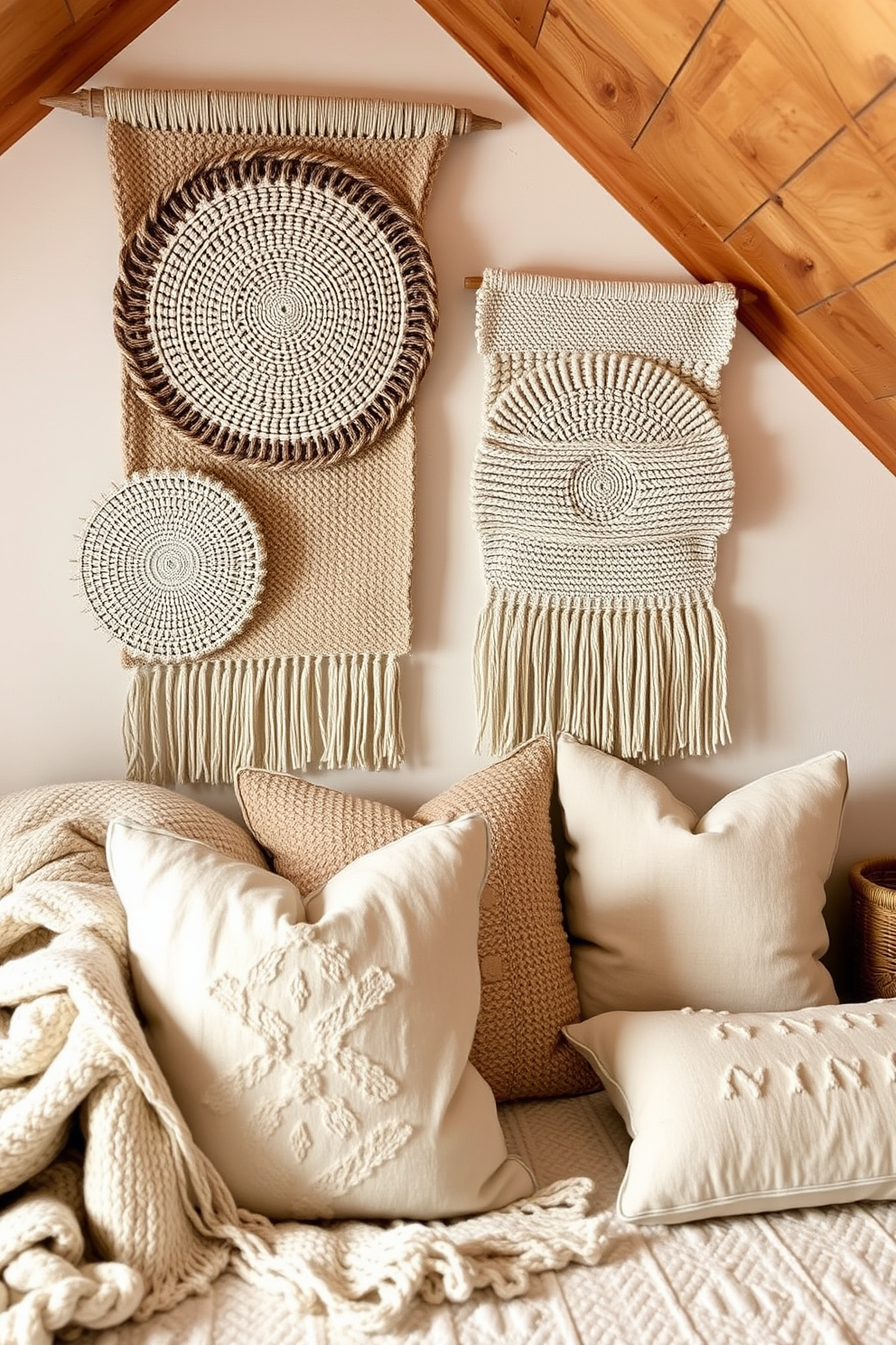 Create a cozy winter attic space featuring textured wall hangings that add visual interest. Incorporate warm blankets and soft pillows in neutral tones to enhance the inviting atmosphere.