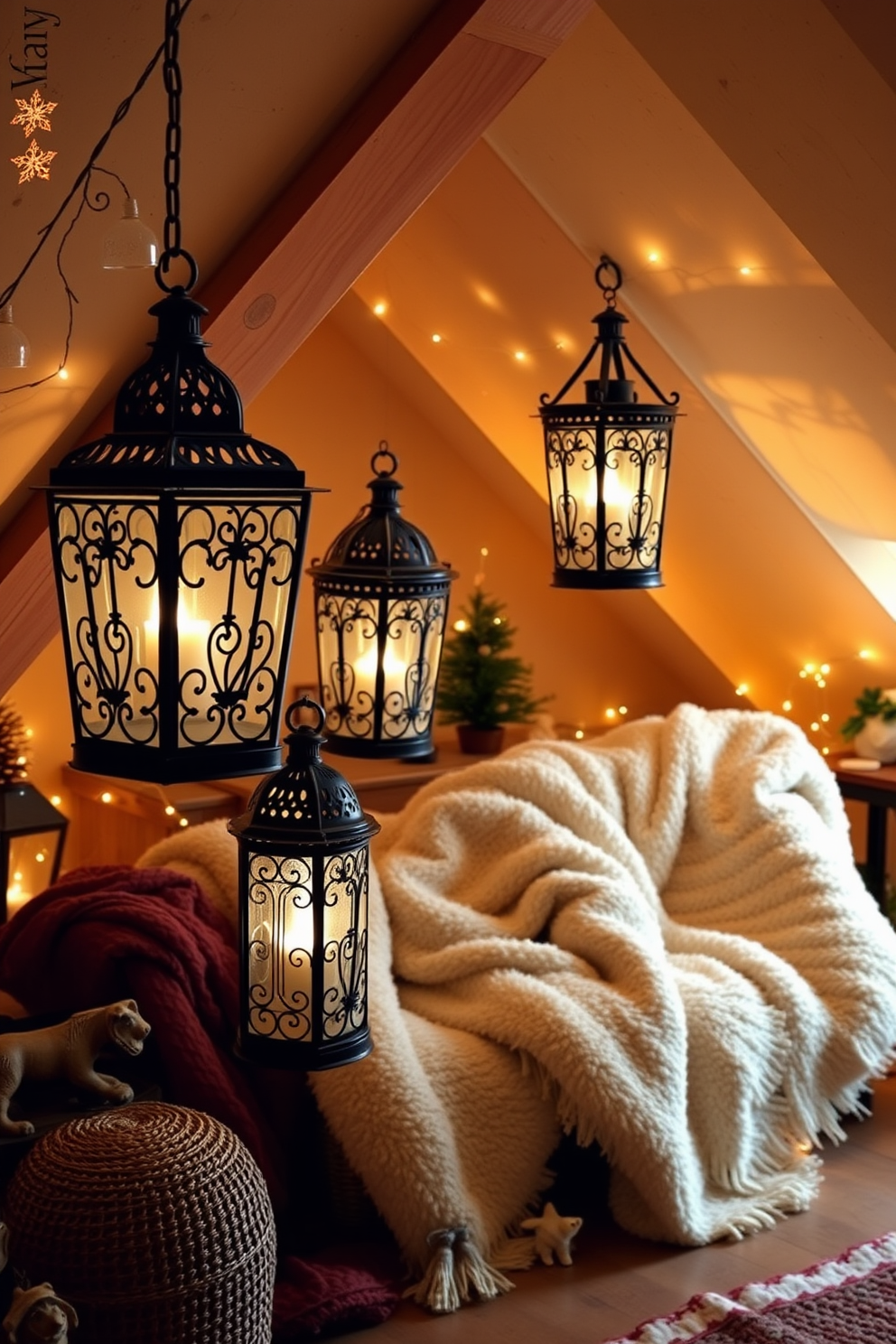 Charming lanterns for ambient lighting. These lanterns are made of wrought iron with intricate designs, casting soft shadows across the room. Winter Attic Decorating Ideas. The attic features cozy seating with plush blankets, surrounded by twinkling fairy lights and vintage holiday decorations.