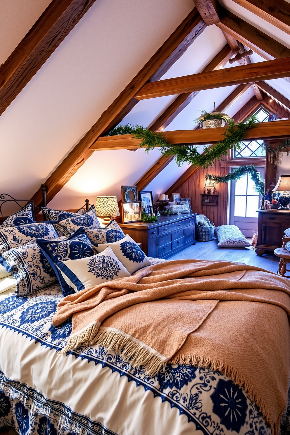 A cozy bedroom featuring layered bedding with intricate winter patterns in shades of deep blue and white. The bed is adorned with plush pillows and a soft throw blanket, creating an inviting atmosphere. An enchanting attic space decorated for winter with rustic wooden beams and soft, warm lighting. The decor includes a mix of vintage furniture and seasonal accents, such as pinecones and evergreen branches, enhancing the cozy feel.