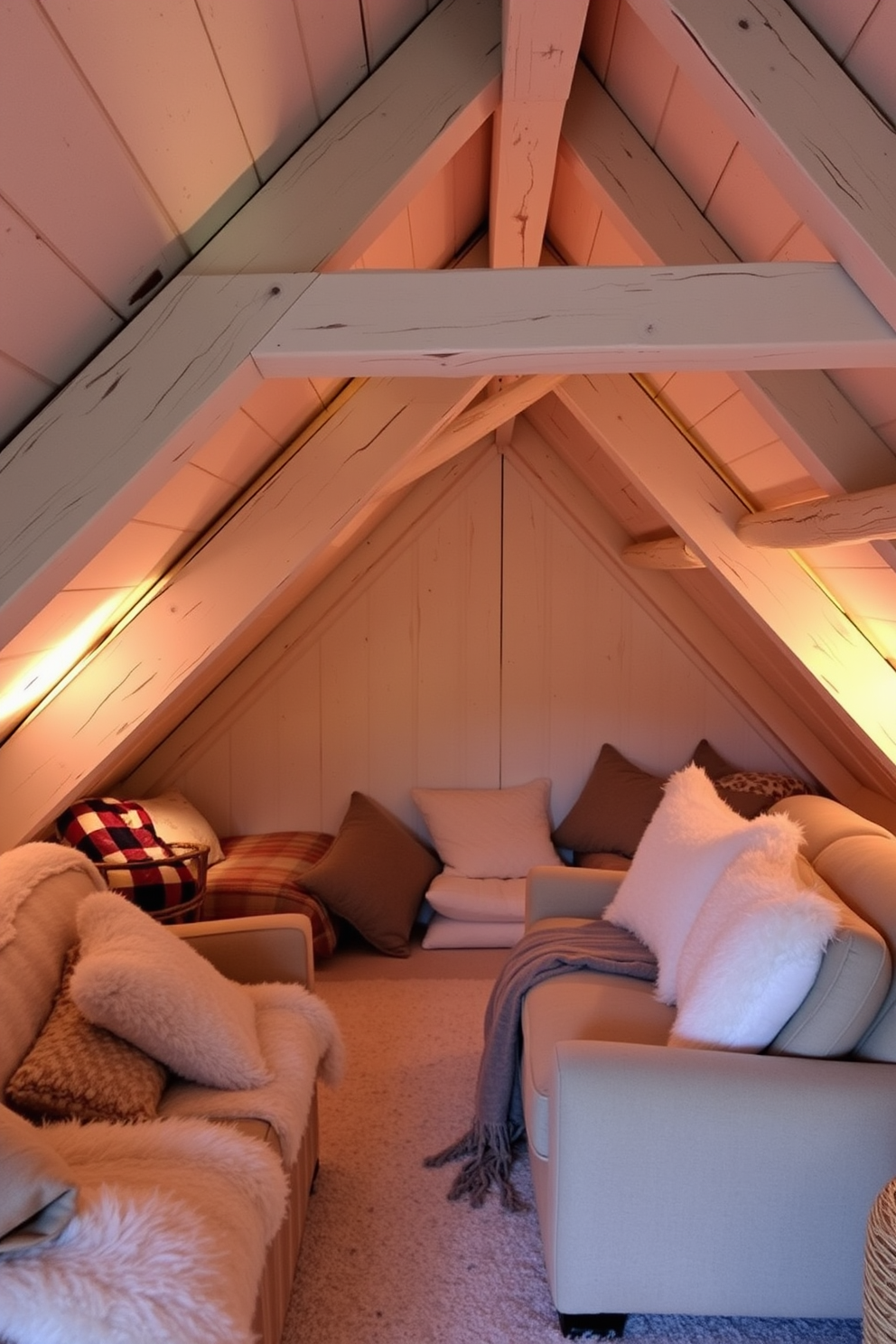 A cozy winter attic space adorned with rustic wooden beams painted white. Soft, warm lighting illuminates the room, highlighting the plush furnishings and layered textiles.