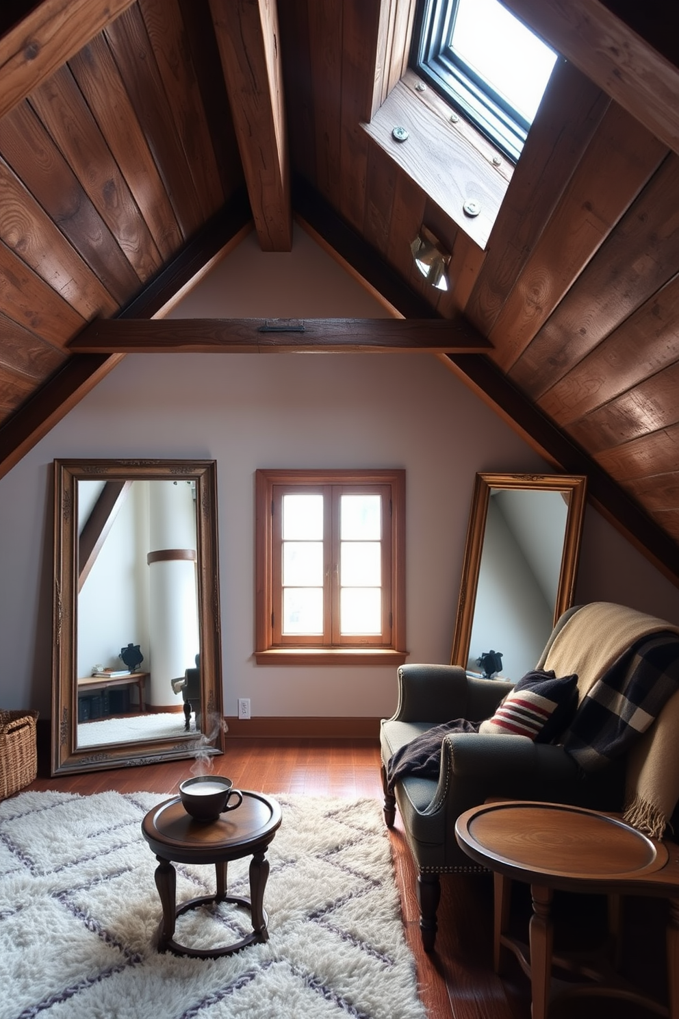 A cozy winter attic retreat featuring a sloped ceiling adorned with rustic wooden beams. Large mirrors are strategically placed to reflect natural light, enhancing the warm ambiance of the space. The room is filled with soft textures, including a plush area rug and layered blankets on a vintage armchair. A small wooden table holds a steaming cup of cocoa, inviting relaxation in this charming winter haven.