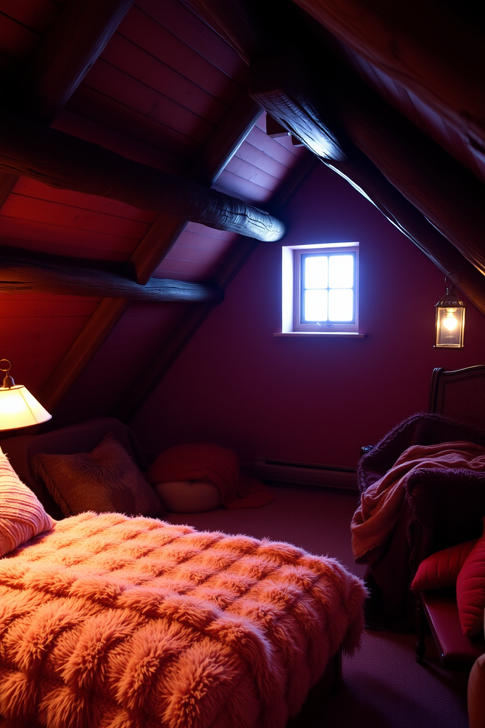 A cozy winter attic space featuring warm color tones with deep hues. The room is adorned with plush textiles and layered blankets, creating an inviting atmosphere. A rustic wooden beam ceiling complements the rich colors of the walls, which are painted in a deep burgundy. Soft ambient lighting from vintage-style lamps casts a warm glow, enhancing the intimate feel of the space.