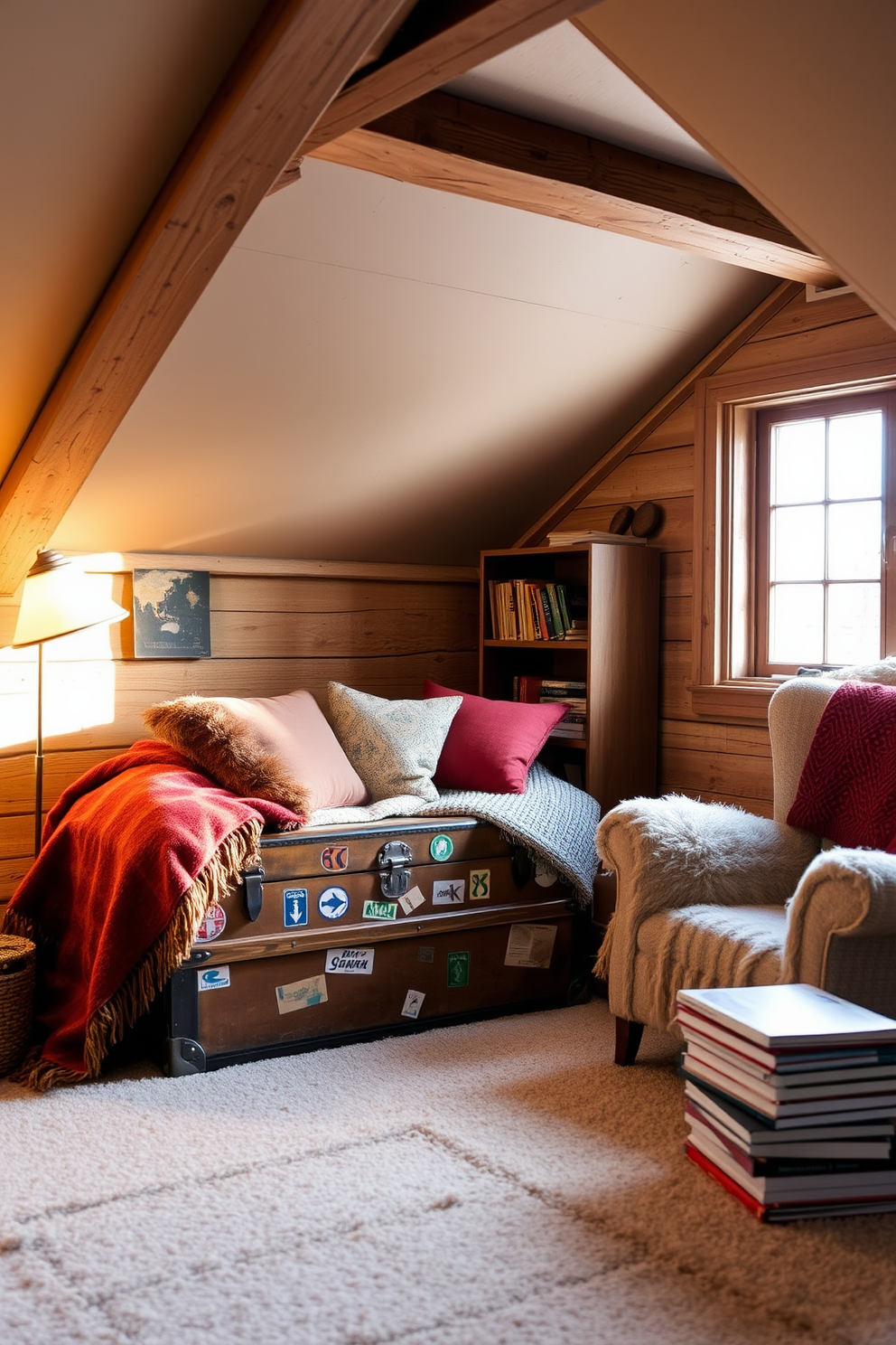 A vintage trunk sits in the corner of a cozy winter attic, serving both as a storage solution and a decorative piece. The trunk is adorned with travel stickers and surrounded by soft, warm blankets and pillows in rich, earthy tones. The attic features exposed wooden beams and a large window that lets in natural light, illuminating the space. A small reading nook with a plush armchair and a stack of books is nearby, creating an inviting atmosphere perfect for winter relaxation.