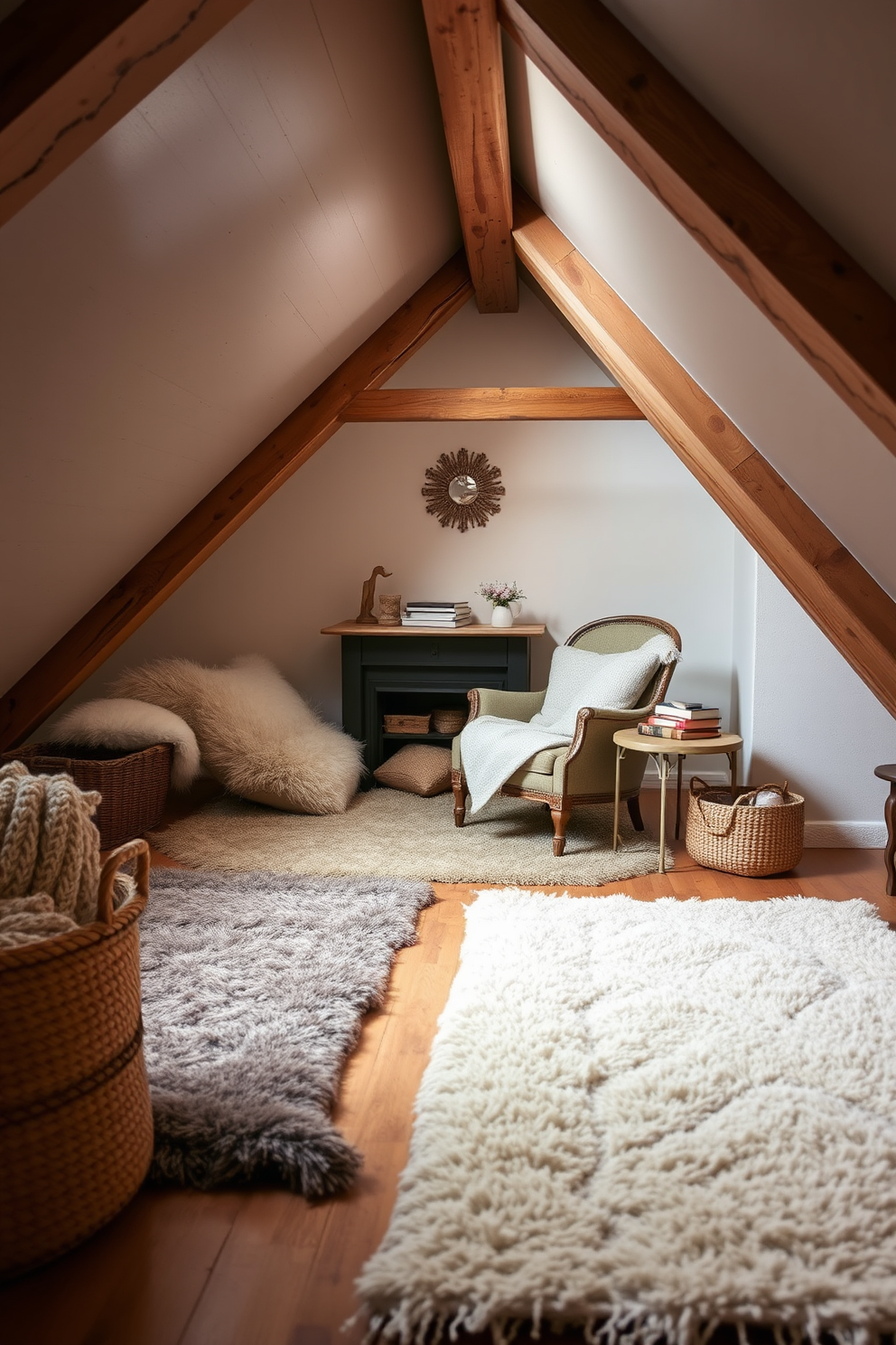 A cozy winter attic space featuring layered rugs for added warmth. The floor is adorned with a mix of plush textures in neutral tones, creating a welcoming atmosphere. Soft lighting illuminates the room, highlighting the rustic wooden beams and sloped ceiling. A comfortable reading nook is created with a vintage armchair and a small side table, inviting relaxation during chilly evenings.