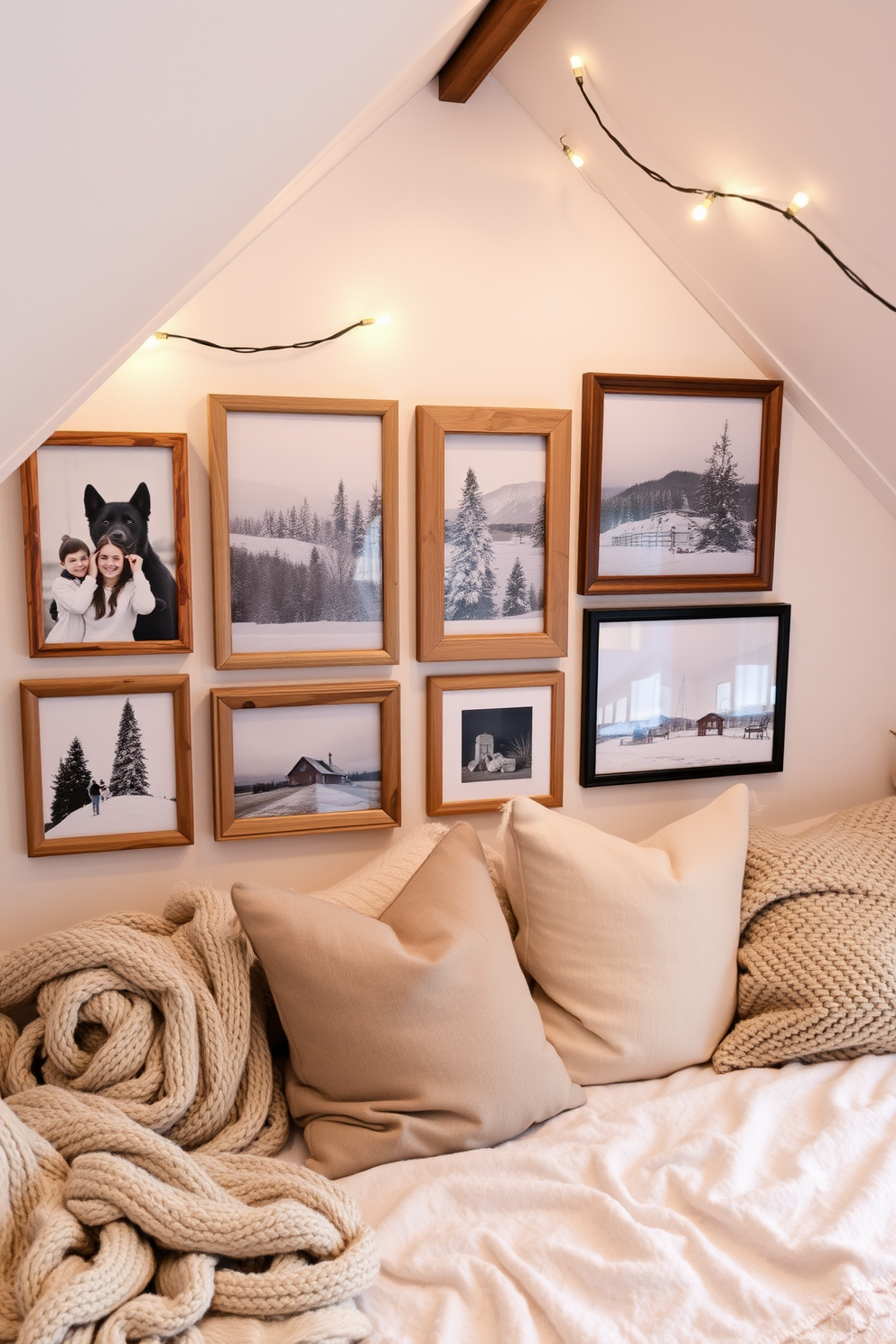 A cozy winter photo gallery wall features a collection of framed family photos and winter-themed artworks. The frames are a mix of rustic wood and sleek metal, creating a warm yet modern aesthetic. The winter attic is decorated with soft blankets and plush pillows in neutral tones. String lights are draped along the eaves, adding a warm glow to the inviting space.