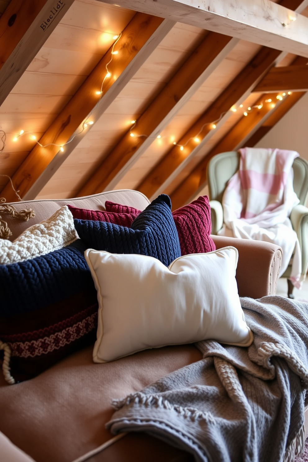 Seasonal throw pillows in winter colors arranged on a plush sofa. The pillows feature various textures and patterns, including knitted designs and soft velvets in shades of deep blue, rich burgundy, and crisp white. Winter attic decorating ideas include a cozy reading nook with a vintage armchair and a warm throw blanket. Soft fairy lights are strung along the wooden beams, creating a warm and inviting atmosphere.