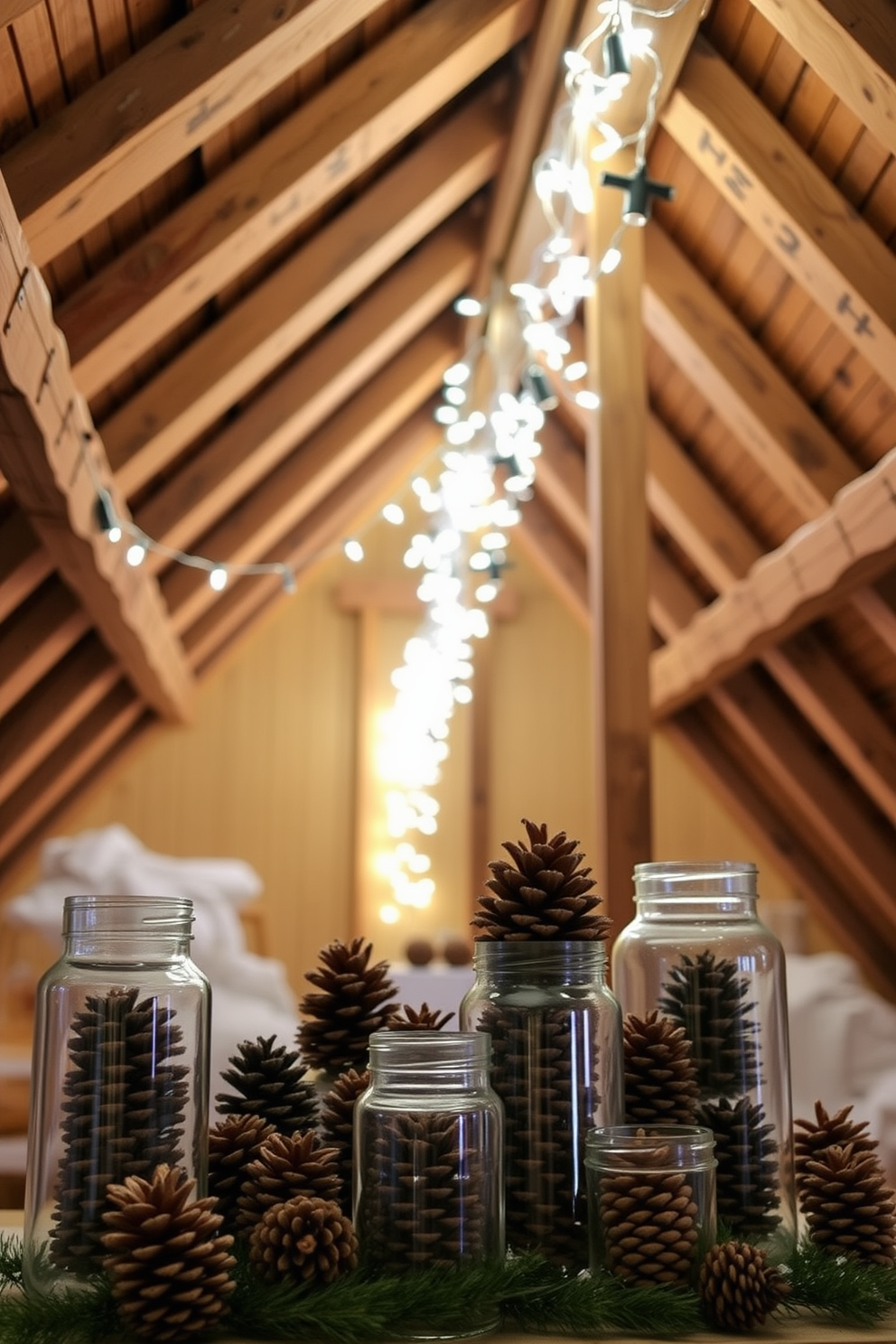 A cozy winter attic setting featuring decorative pinecones displayed in various glass jars of different sizes. The rustic wooden beams are exposed, and soft white fairy lights are draped across the ceiling, creating a warm and inviting atmosphere.