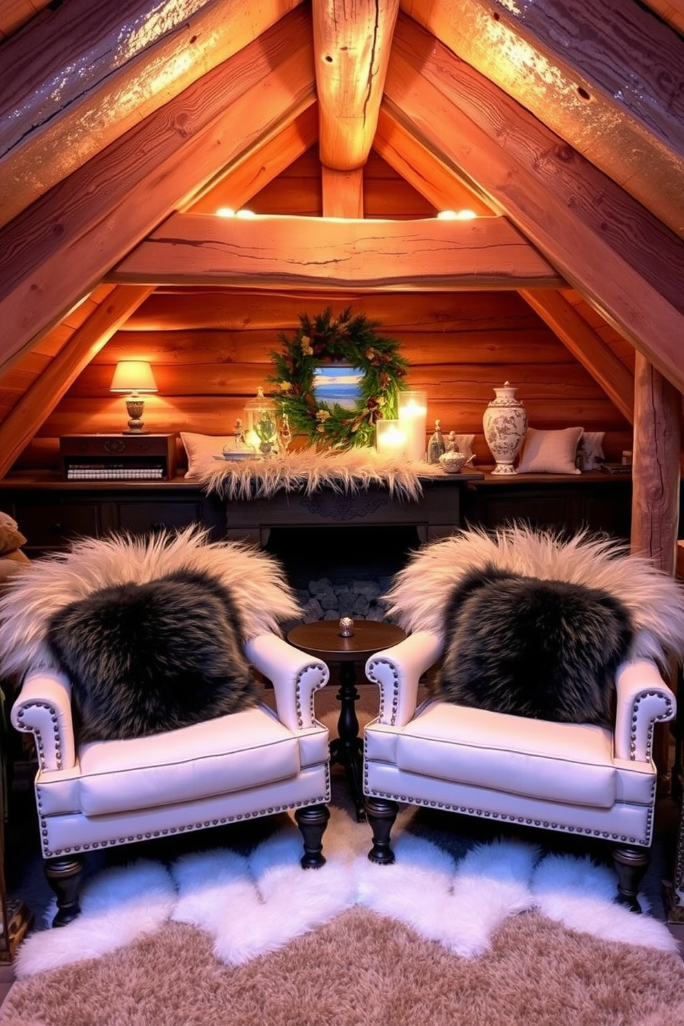 A cozy winter attic setting featuring chairs adorned with luxurious faux fur accents. Soft, warm lighting illuminates the space, creating an inviting atmosphere perfect for relaxation.