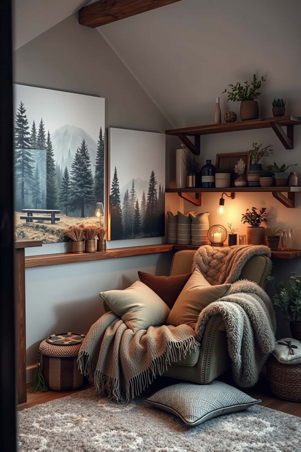 A cozy winter attic space adorned with nature-inspired wall art. The walls are decorated with large canvas prints of serene forest landscapes, and rustic wooden shelves hold an assortment of potted plants and natural decor items. Soft, warm lighting illuminates the area, creating an inviting atmosphere. Plush throws and cushions in earthy tones are scattered across a vintage armchair, enhancing the comfort of this winter retreat.