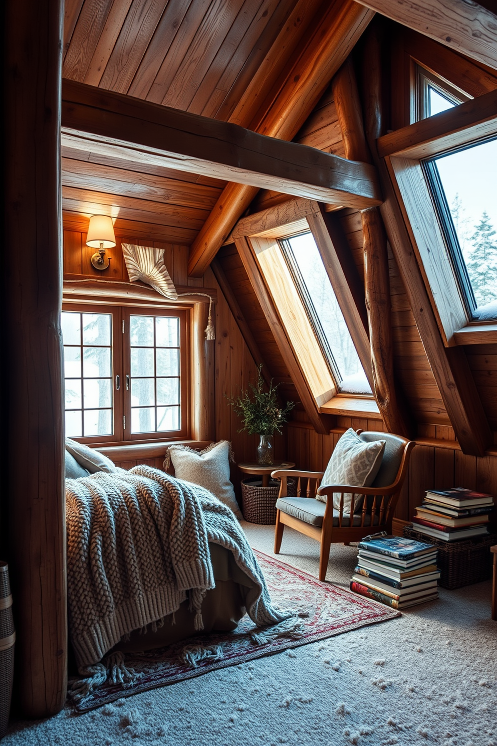 A cozy winter attic retreat featuring wooden beams and accents that create a rustic charm. The space is adorned with plush textiles, including a thick knitted throw and soft cushions, inviting relaxation. Natural light pours in through a large window, highlighting the warm tones of the wooden furniture. A small reading nook is set up with a comfortable armchair and a stack of books, perfect for enjoying the serene winter atmosphere.