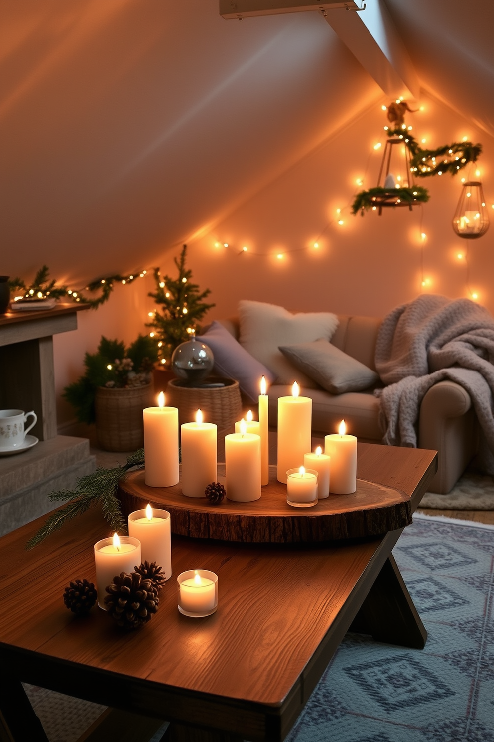 Scented candles arranged on a rustic wooden table create a warm and inviting atmosphere. Soft golden light flickers from the candles, casting gentle shadows on the surrounding walls adorned with cozy textiles. In the winter attic, a cozy reading nook is created with a plush armchair and a soft throw blanket. The space is decorated with twinkling fairy lights and seasonal accents like pinecones and evergreen branches, enhancing the winter charm.