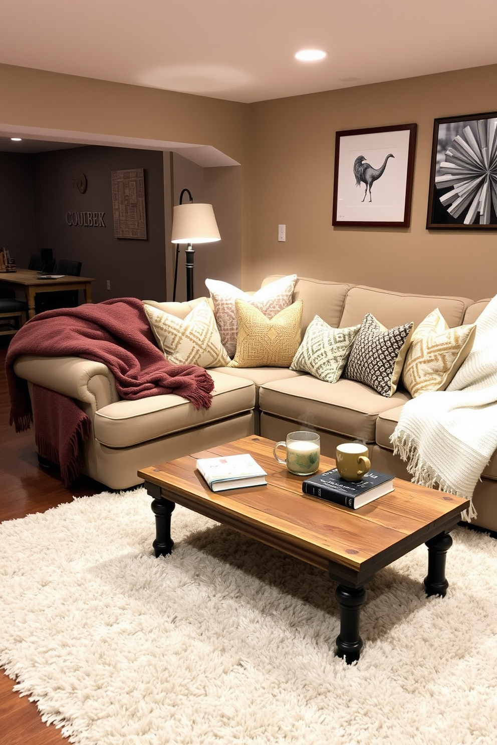 Cozy up with layered blankets and pillows in a winter basement retreat. The space features a plush sectional sofa adorned with soft, textured throws and an array of decorative cushions in warm, inviting colors. In the corner, a rustic wooden coffee table holds a stack of books and a steaming mug, creating a perfect reading nook. Ambient lighting from stylish floor lamps enhances the cozy atmosphere, while a plush area rug adds warmth underfoot.