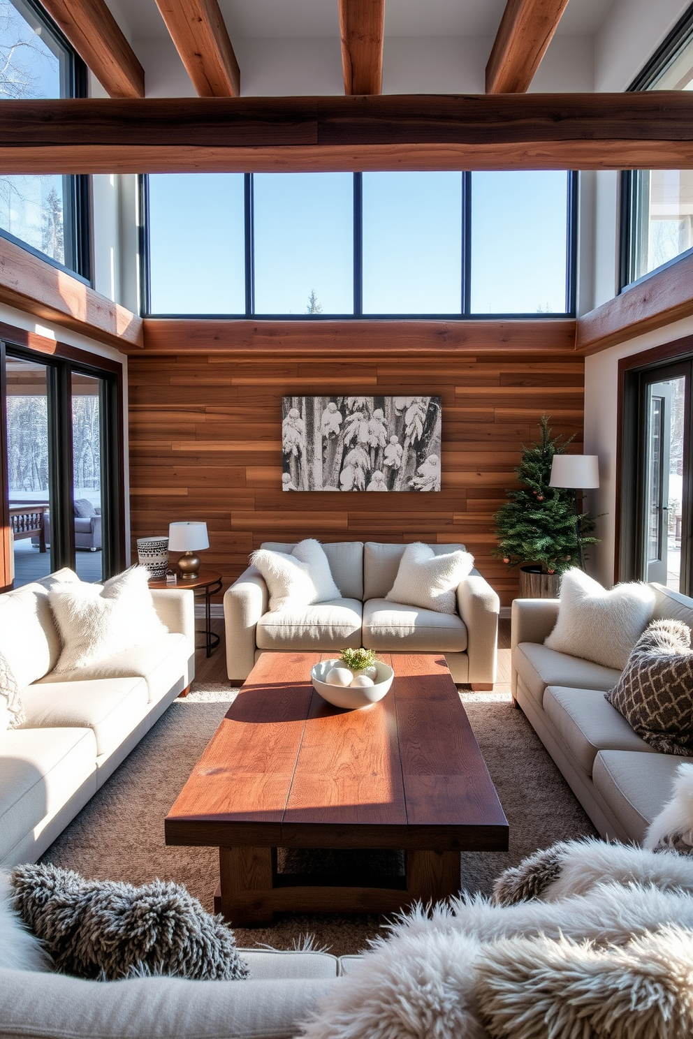 A cozy winter basement retreat featuring exposed wooden beams and a warm wooden accent wall. Plush furniture in neutral tones is arranged around a rustic coffee table, creating an inviting space for relaxation. Large windows allow natural light to flood in, showcasing the snowy landscape outside. Soft textiles like wool throws and faux fur cushions add warmth and comfort to the ambiance.