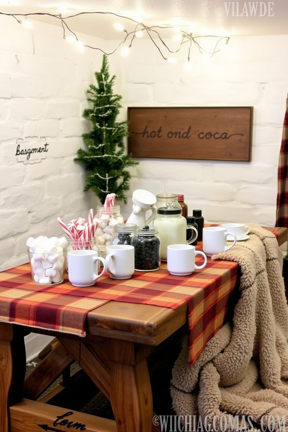 Create a cozy hot cocoa station in a winter-themed basement. The station features a rustic wooden table adorned with a warm plaid tablecloth and a variety of mugs in different sizes. On the table, there are jars filled with marshmallows, chocolate chips, and peppermint sticks. Soft fairy lights are strung above, casting a gentle glow over the setup, while a plush throw blanket is draped nearby for added comfort.