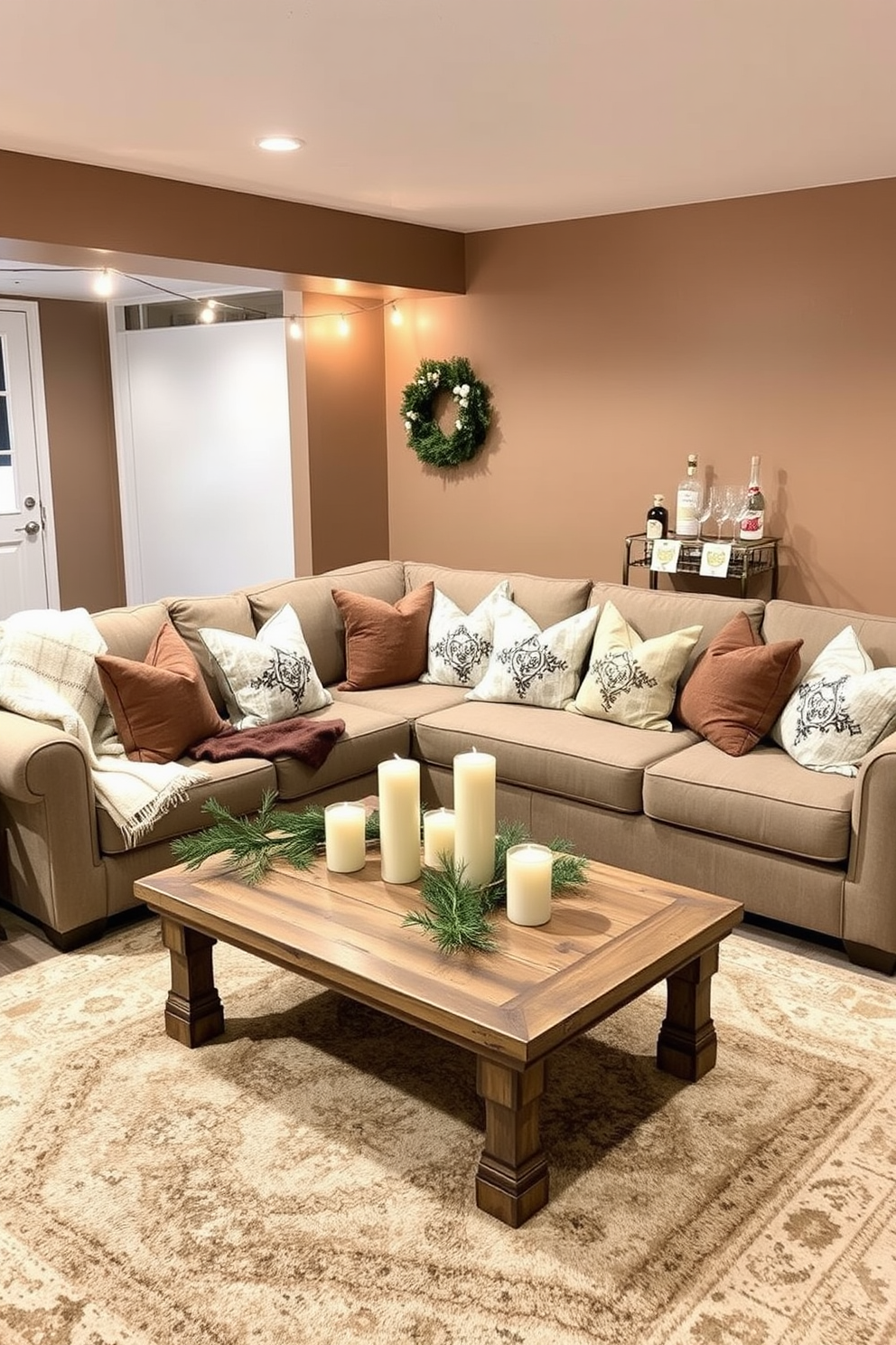 A cozy winter basement retreat featuring a plush sectional sofa adorned with soft blankets and seasonal pillows. The walls are painted in a warm taupe, and a rustic wooden coffee table sits in front, decorated with pine branches and candles for a festive touch. In one corner, a small bar cart displays an assortment of winter beverages and glassware, while string lights are draped overhead to create a warm ambiance. A large area rug in neutral tones anchors the space, adding comfort and inviting warmth to the winter gathering.