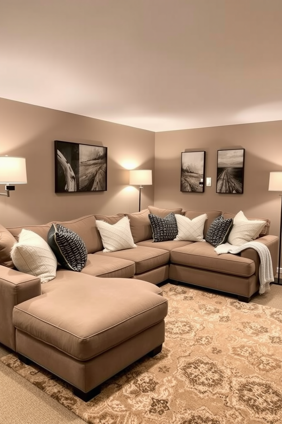 A cozy winter basement retreat featuring a plush sectional sofa adorned with soft, textured throw pillows. The walls are painted in a warm taupe, while a large area rug anchors the seating area, complemented by ambient lighting from stylish floor lamps.