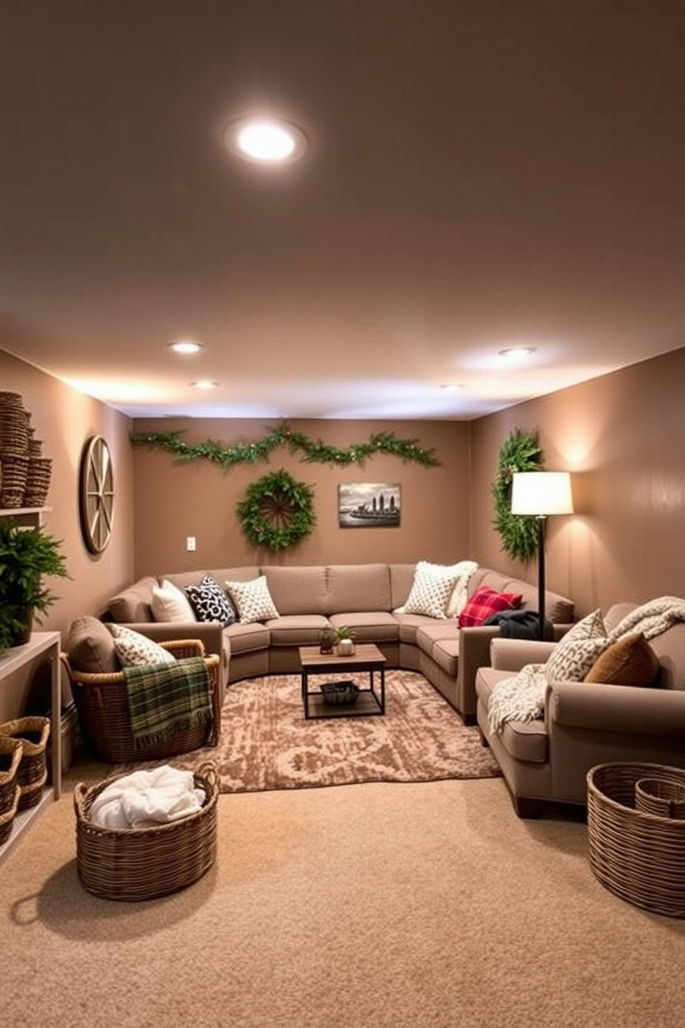 A cozy winter basement retreat featuring decorative baskets for storage solutions. The walls are painted in a warm taupe color, complemented by soft lighting from recessed fixtures and a stylish floor lamp. A plush area rug lies in the center of the room, surrounded by comfortable seating options like a sectional sofa and a couple of accent chairs. Seasonal decor, such as evergreen garlands and cozy throw blankets, adds a festive touch to the inviting atmosphere.