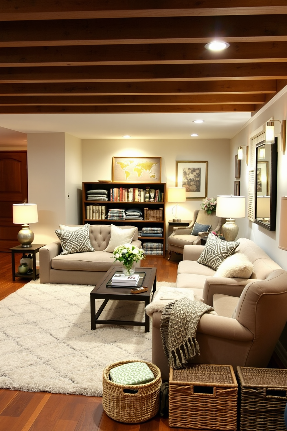 Create a cozy winter basement retreat by arranging a plush sectional sofa around a low coffee table. Add a soft area rug to define the seating area and enhance warmth with layered lighting from floor lamps and wall sconces. Incorporate a reading nook by placing a comfortable armchair in a corner with a small side table and a stylish lamp. Use decorative storage baskets to keep blankets and games organized, adding both functionality and charm to the space.