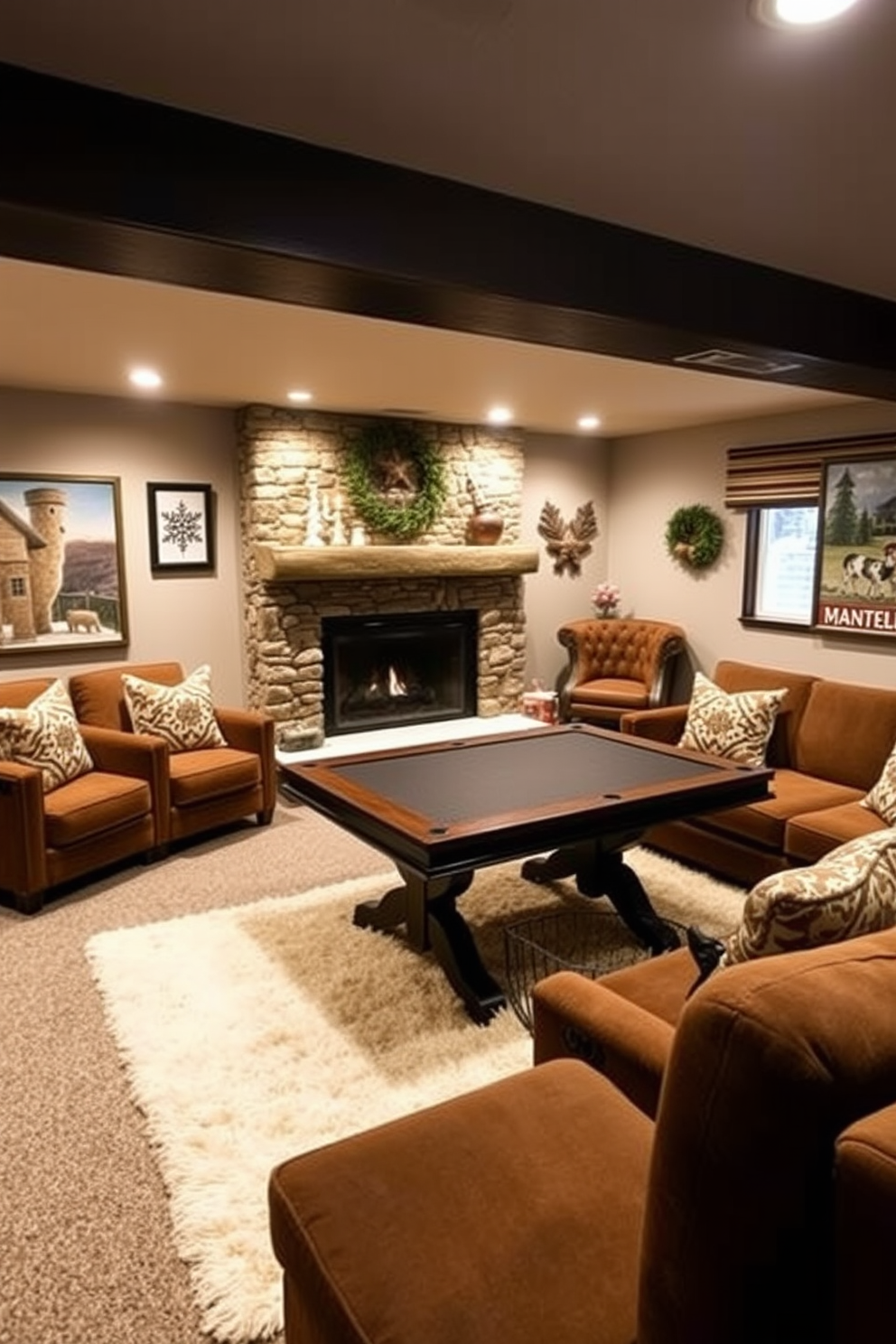 A cozy winter basement retreat designed for entertainment. The focal point is a stylish game table surrounded by plush seating, perfect for gatherings with friends and family. Soft lighting creates a warm ambiance, while a rustic stone fireplace adds charm and warmth to the space. The walls are adorned with winter-themed decor, and a plush rug lies beneath the game table for added comfort.