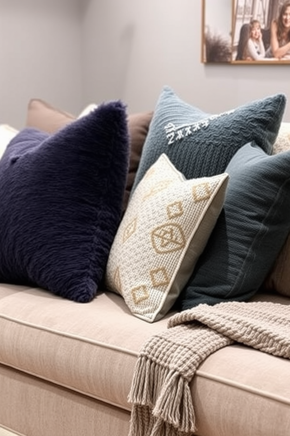 Create a cozy winter basement retreat featuring oversized pillows in various textures and colors. The space should include a plush sectional sofa, a warm throw blanket draped over the arm, and soft ambient lighting for a welcoming atmosphere.