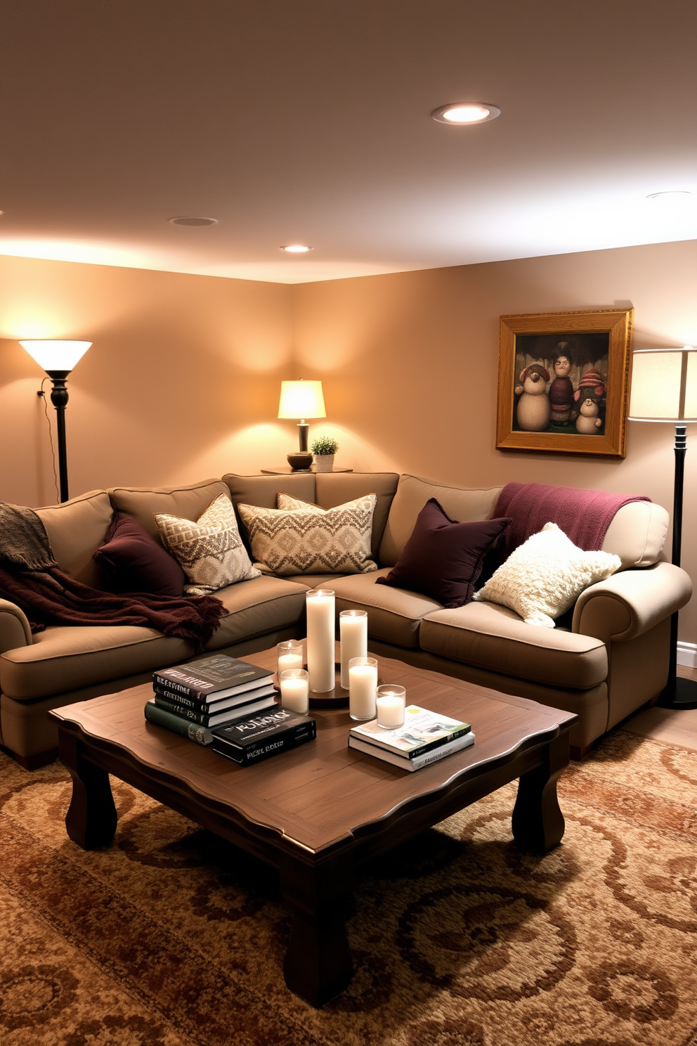 A cozy winter basement retreat filled with warm lighting from stylish floor lamps. The space features a plush sectional sofa adorned with soft throw blankets and pillows in rich, inviting colors. A rustic wooden coffee table sits in front of the sofa, surrounded by a collection of books and candles. The walls are painted in a warm taupe hue, and a large area rug adds comfort underfoot.