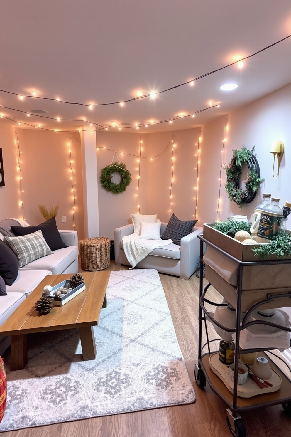 A warm and inviting basement space adorned with soft string lights that create a cozy atmosphere. The walls are painted in a light gray hue, complemented by plush seating options and a rustic wooden coffee table. A large area rug anchors the seating area, while winter-themed decor, such as pinecones and evergreen branches, adds seasonal charm. A stylish bar cart stocked with hot cocoa and snacks invites relaxation and enjoyment during cold winter nights.