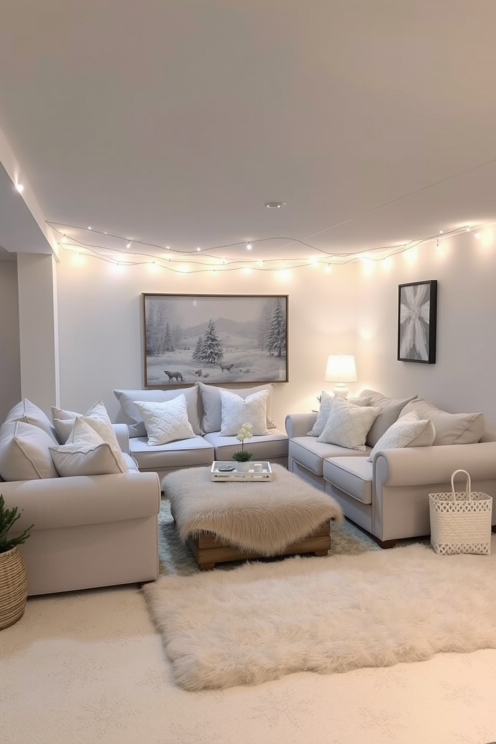 A cozy winter basement retreat featuring a soft color palette of pale blues and warm whites. Plush seating arrangements with oversized cushions invite relaxation, while a fluffy area rug adds warmth to the space. Softly glowing string lights are draped along the ceiling, creating a warm and inviting atmosphere. Decorative elements such as winter-themed artwork and subtle greenery enhance the seasonal charm of the basement.