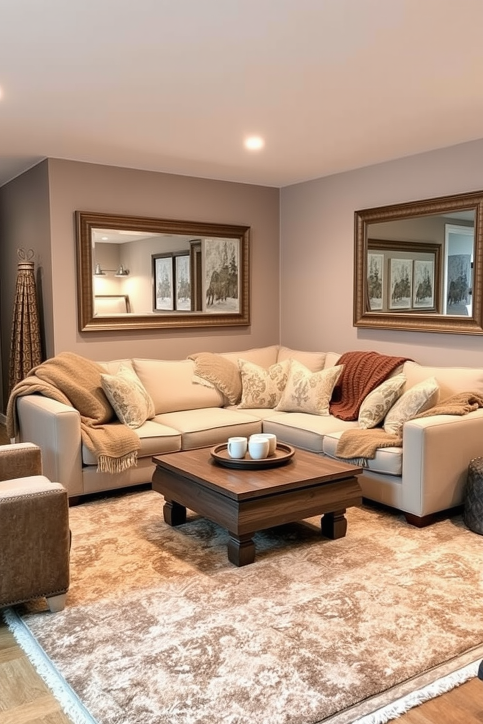 A cozy winter basement retreat. The space features a plush sectional sofa adorned with soft throw blankets, complemented by a large area rug that adds warmth to the room. Strategically placed mirrors on the walls amplify natural light and create an inviting atmosphere. The decor includes a rustic coffee table and a selection of winter-themed artwork that enhances the seasonal charm.